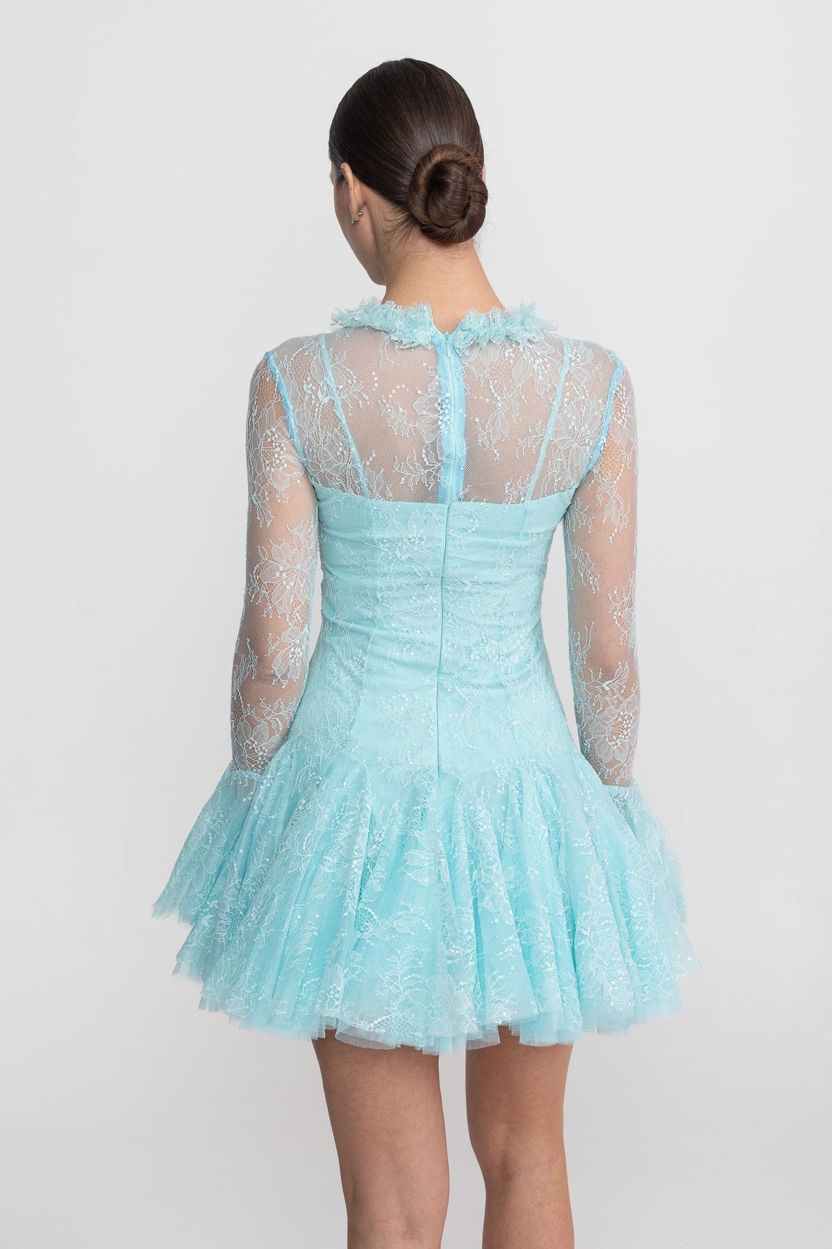 Sheer Lace Long Sleeve Mini Dress With Ruffled Hem - Teal - View 8