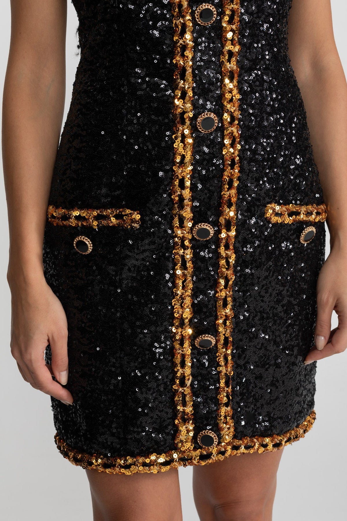 Strapless Sequin Mini Dress With Chain Trim Detailing – Black - View 5
