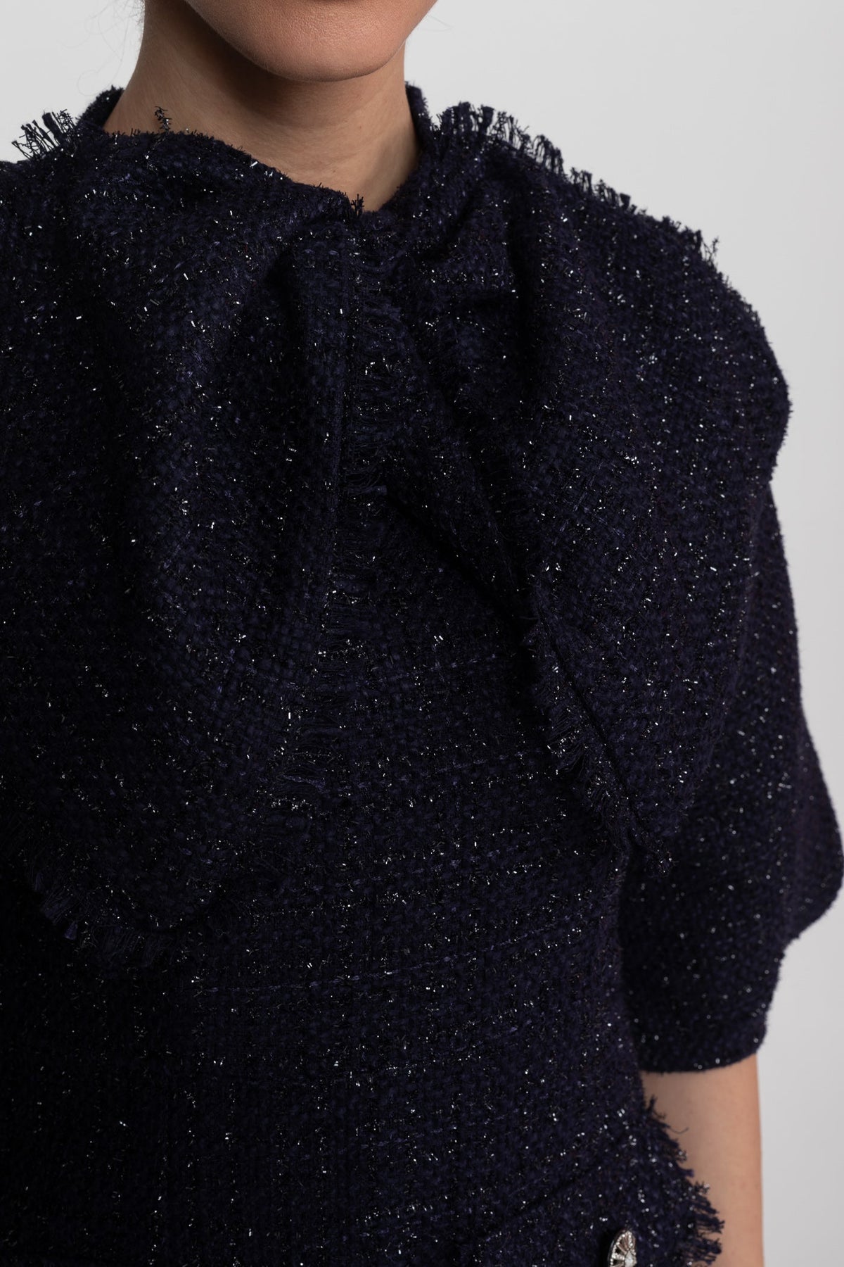 Tweed Pussy Bow Neck Puff Sleeve Pearl Button Patch Pocket Midi Dress - View 6