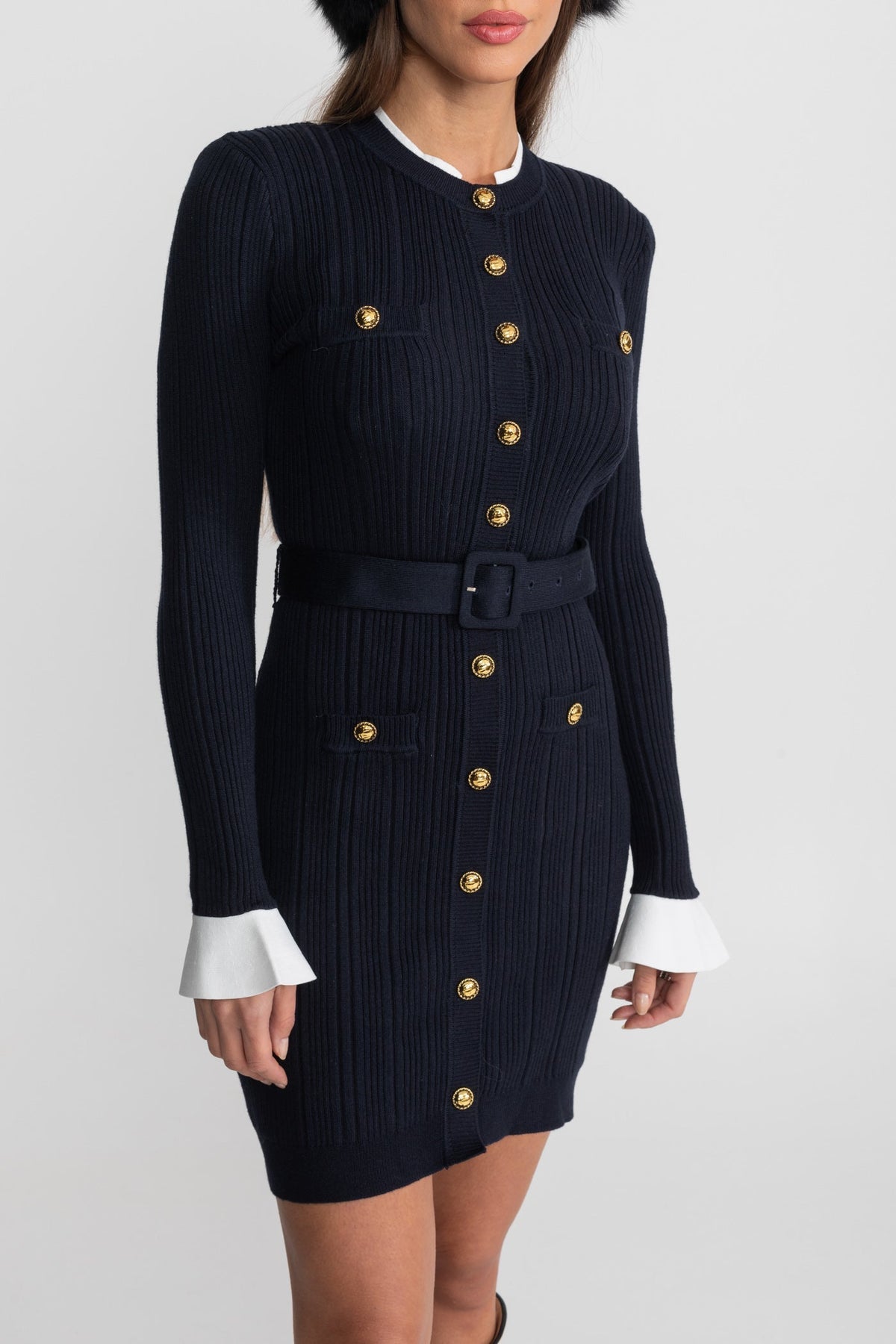 Ribbed Knit Mini Dress with Gold Button Fastening - Dark Blue - View 7