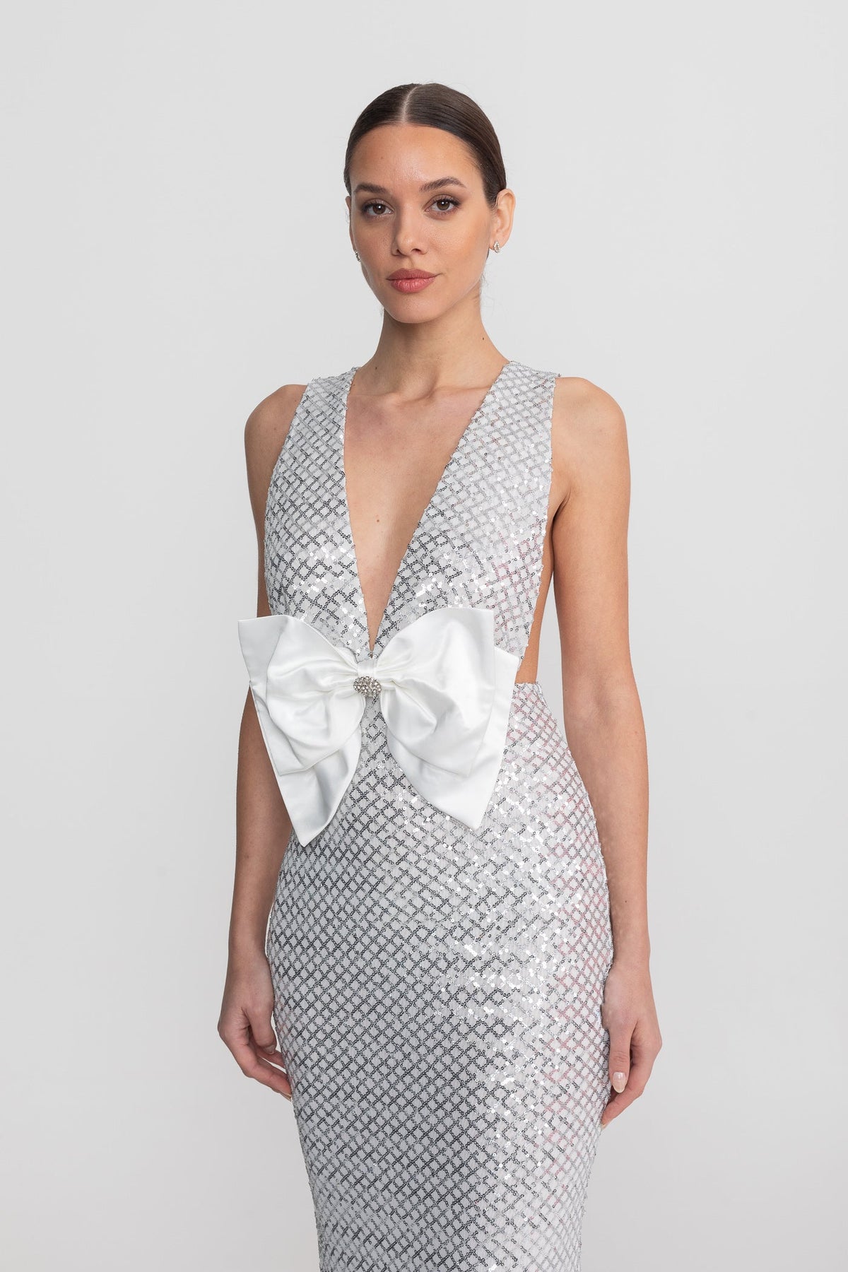 Sequin Maxi Dress With Satin Bow Detail - Light Grey - View 5