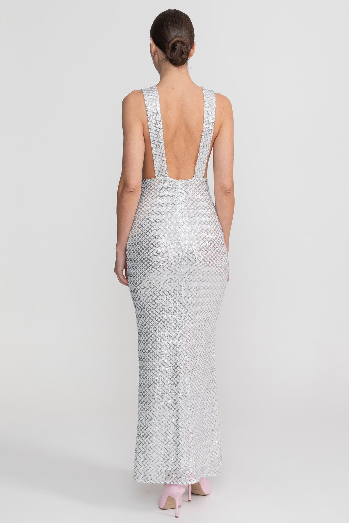 Sequin Maxi Dress With Satin Bow Detail - Light Grey - View 8