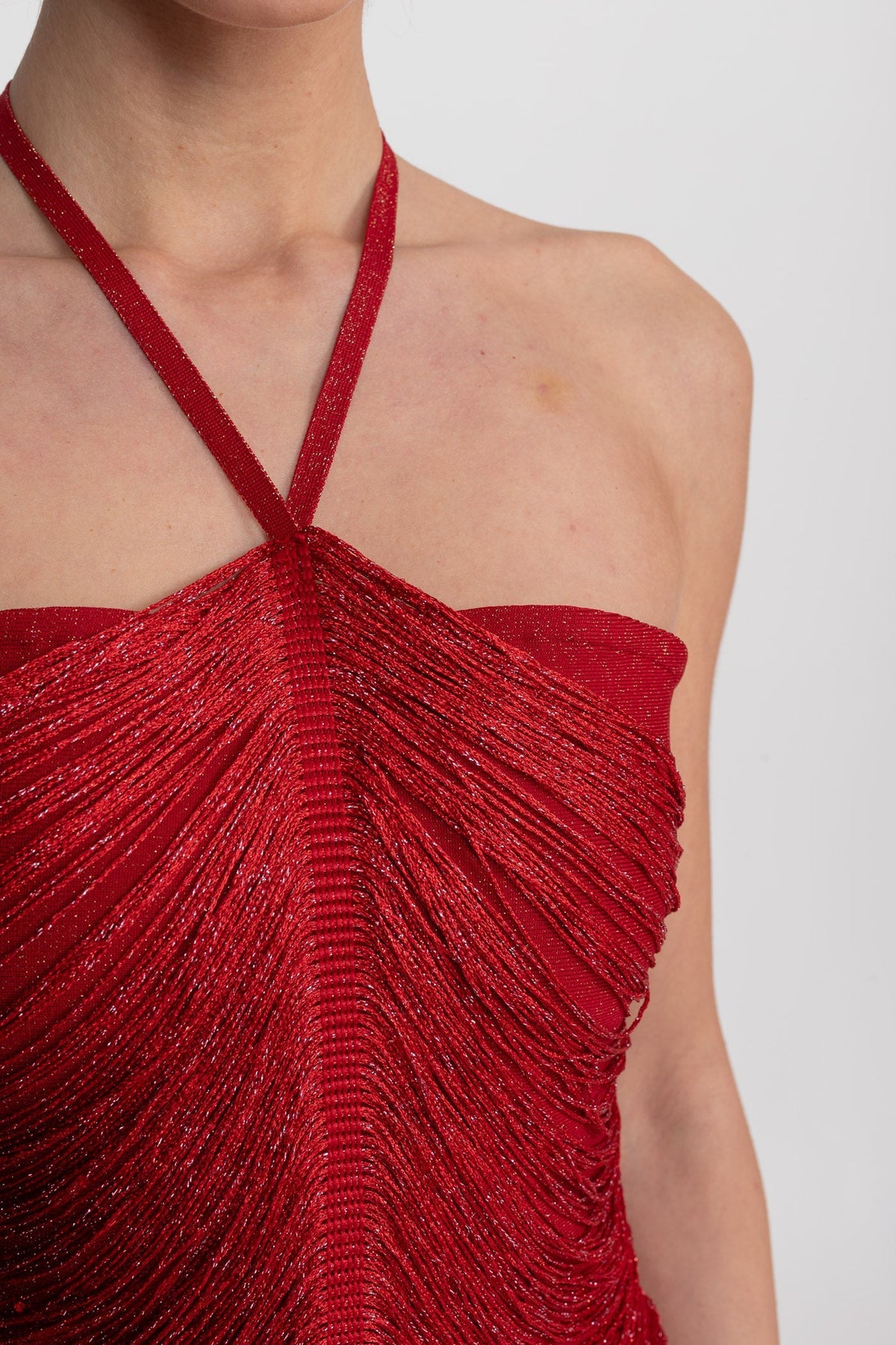 Halter Neck Midi Dress With All-Over Pleated Texture - Red - View 5