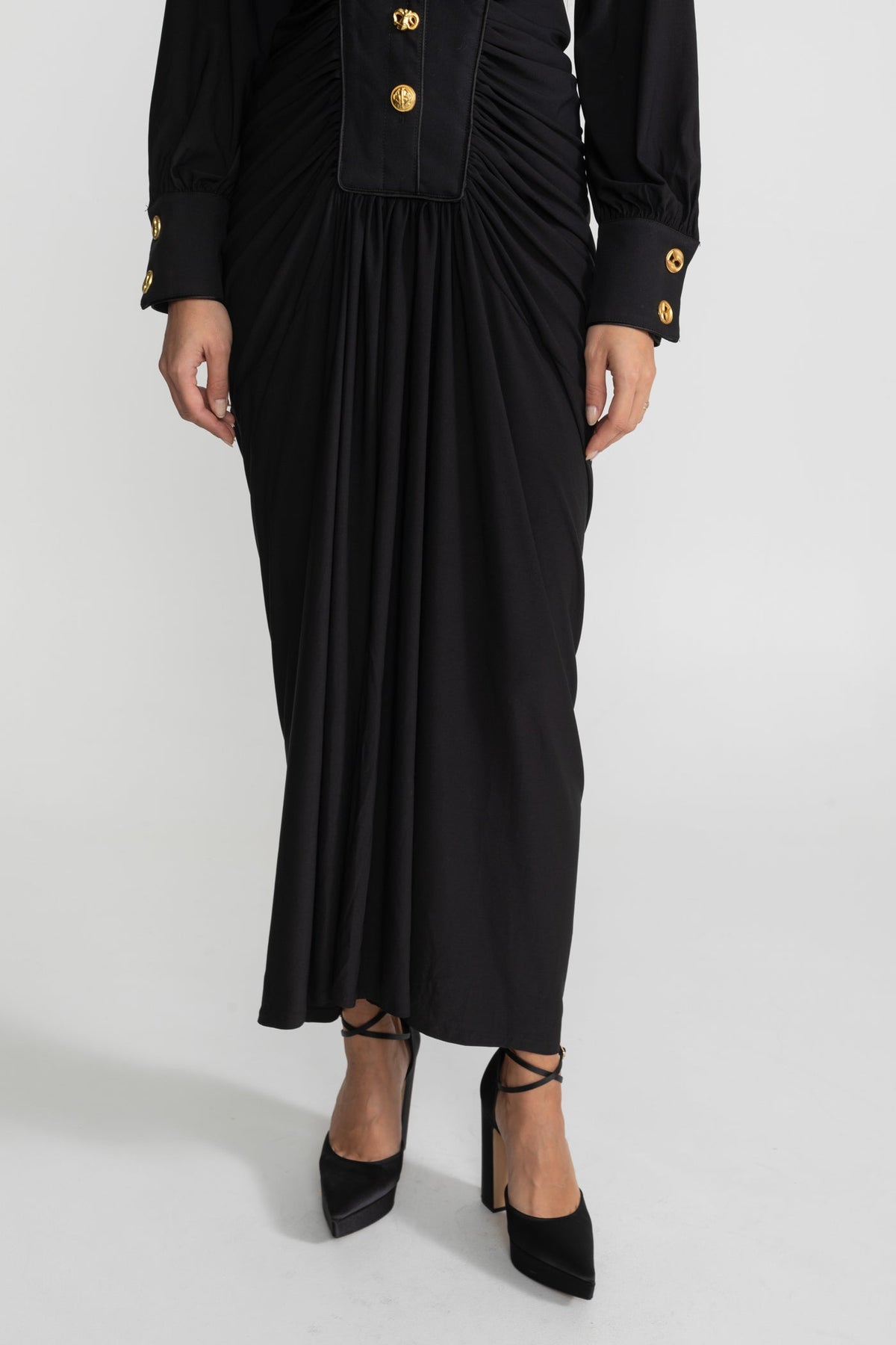 Ruched Maxi Gown Long Sleeve Mandarin Collar Metallic Button - View 6