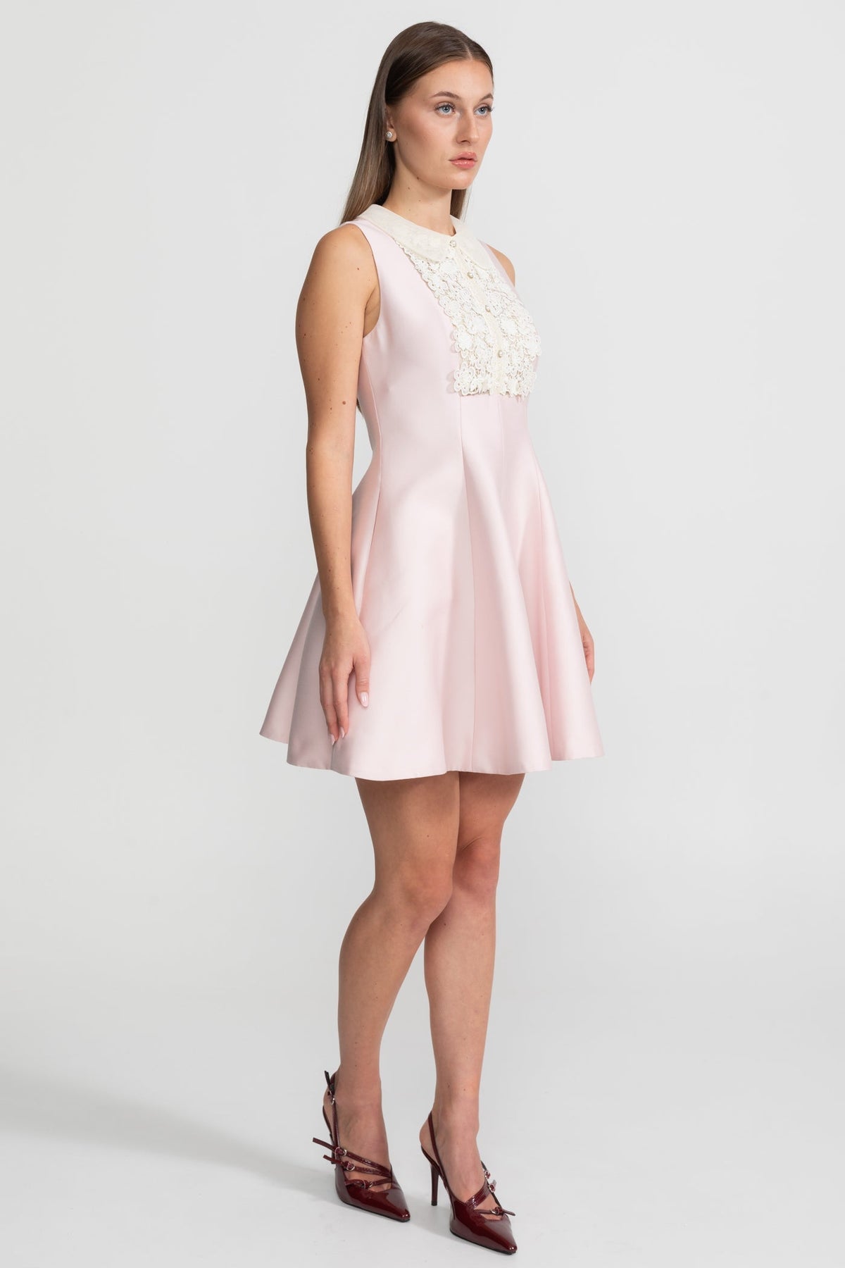 A-Line Mini Dress with Lace Bib – Blush Pink - View 4