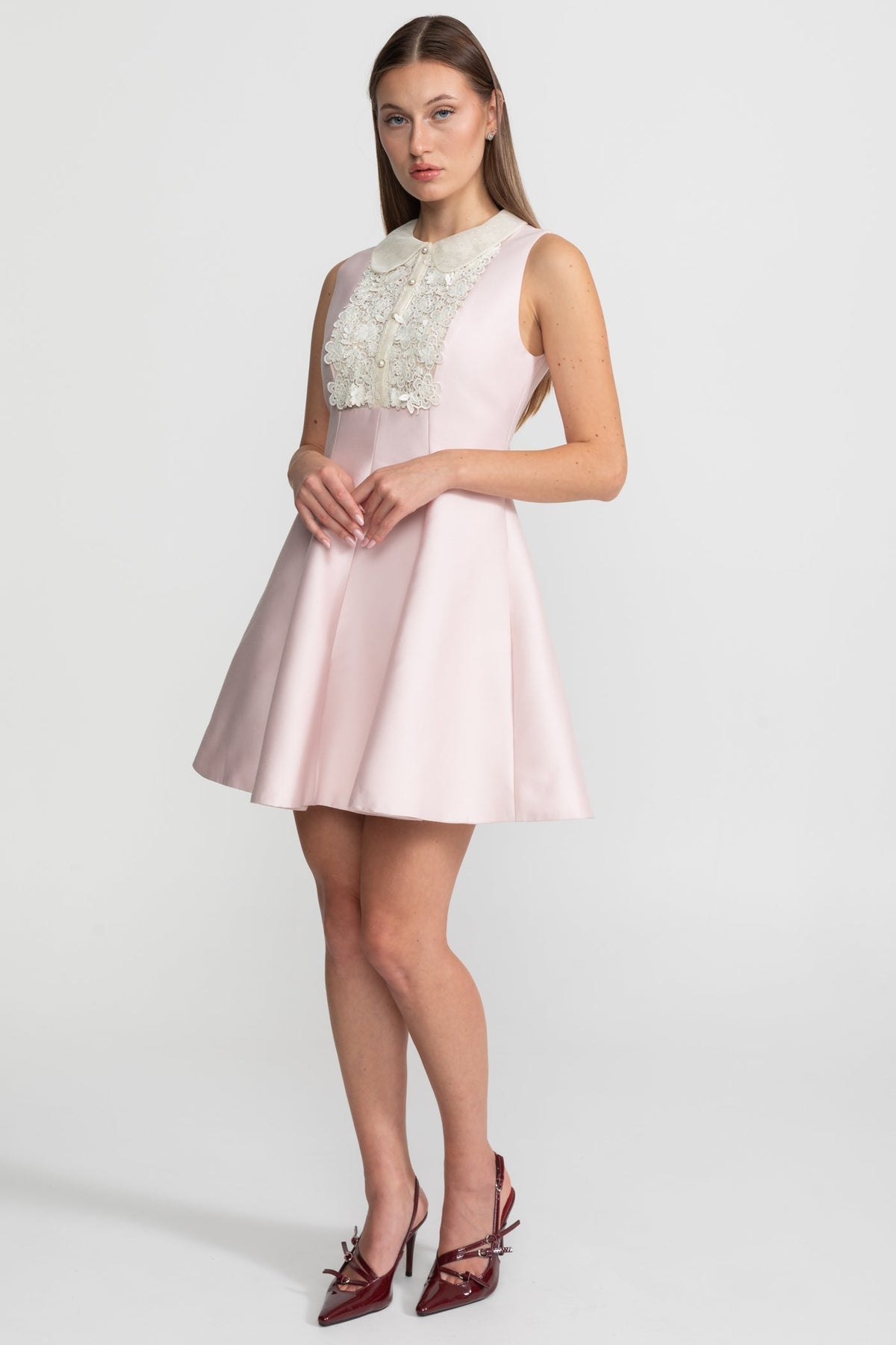 A-Line Mini Dress with Lace Bib – Blush Pink - View 3