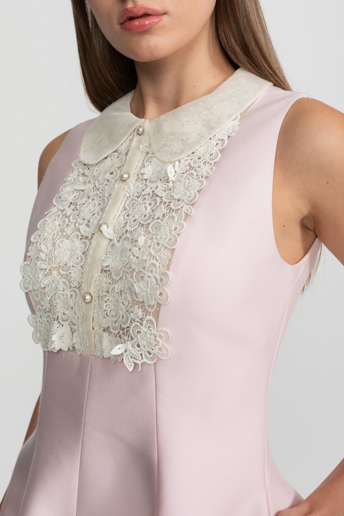 A-Line Mini Dress with Lace Bib – Blush Pink - View 7