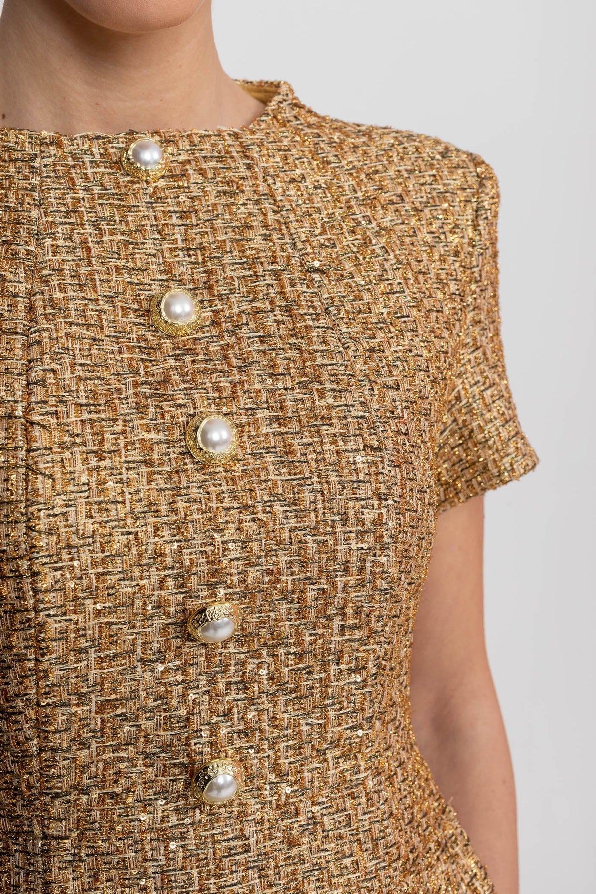 Tweed Mock Neck Short Sleeve Pearl Button A-Line Mini Dress - View 10