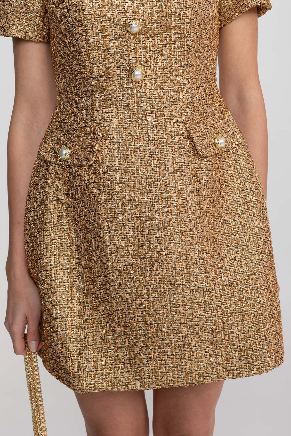 Tweed Mock Neck Short Sleeve Pearl Button A-Line Mini Dress - View 11