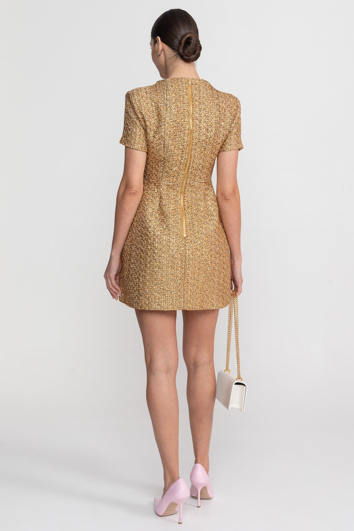 Tweed Mock Neck Short Sleeve Pearl Button A-Line Mini Dress - View 7
