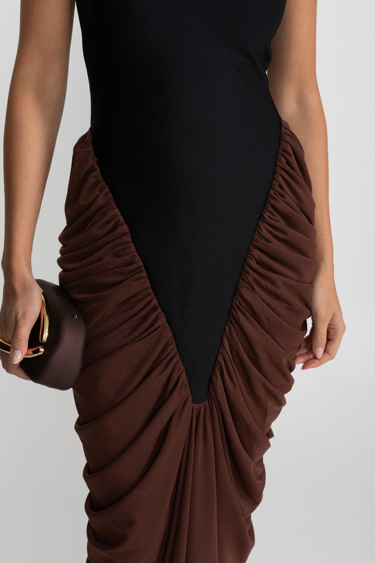 Halter Maxi Dress with Contrasting Ruched Paneling - Black/Brown - View 6