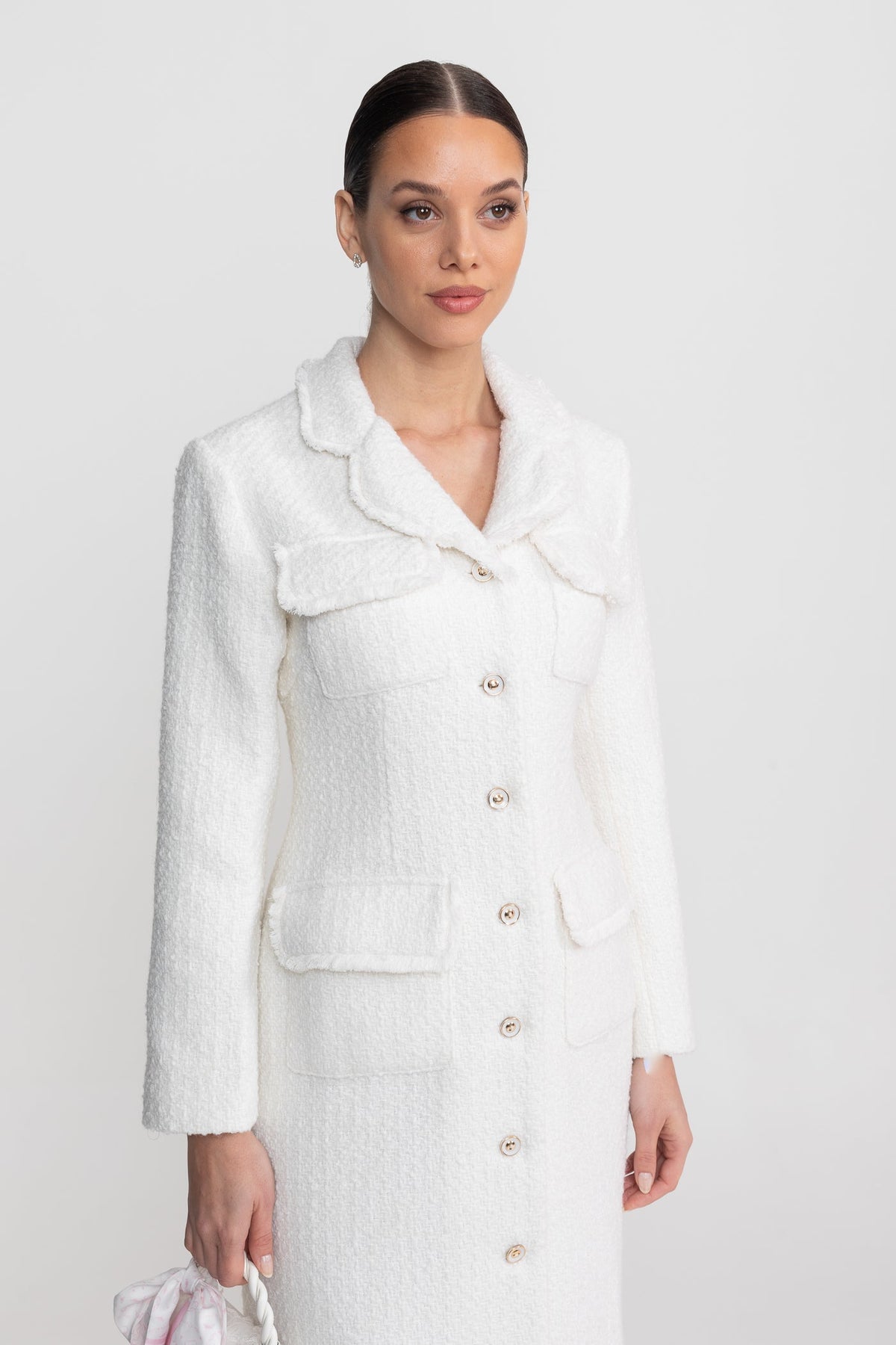 Boucle Long Sleeve Notched Collar Button Front Patch Pocket Midi Dress - View 8