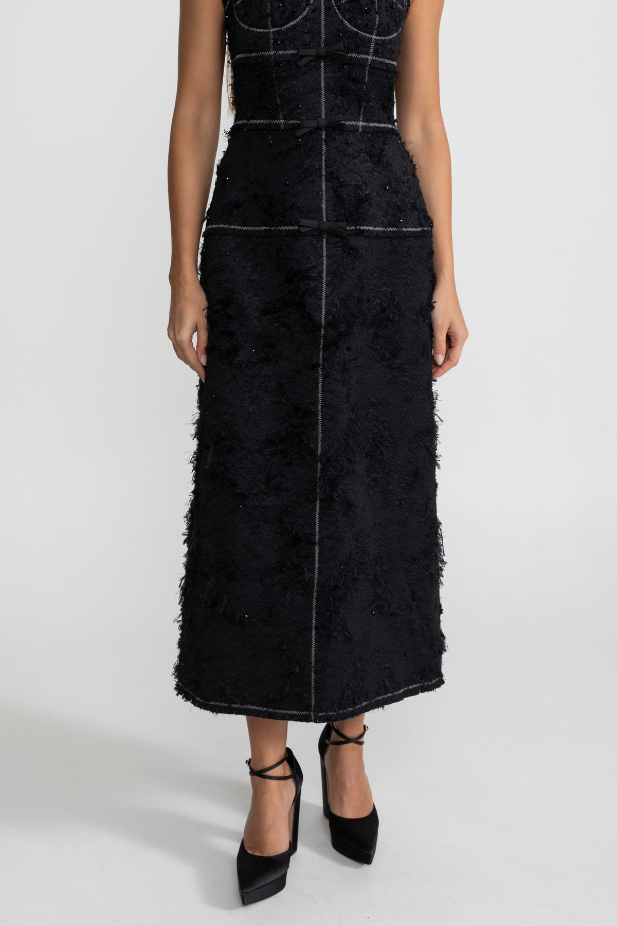 Tweed Sweetheart Corset Bodice Contrast Stitch Beaded Midi Dress - View 5