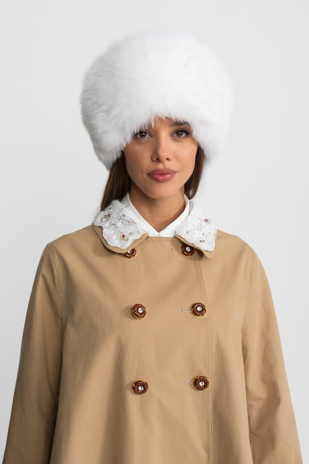 A-Line Trench Mini Dress With Embroidered Collar – Camel - View 6