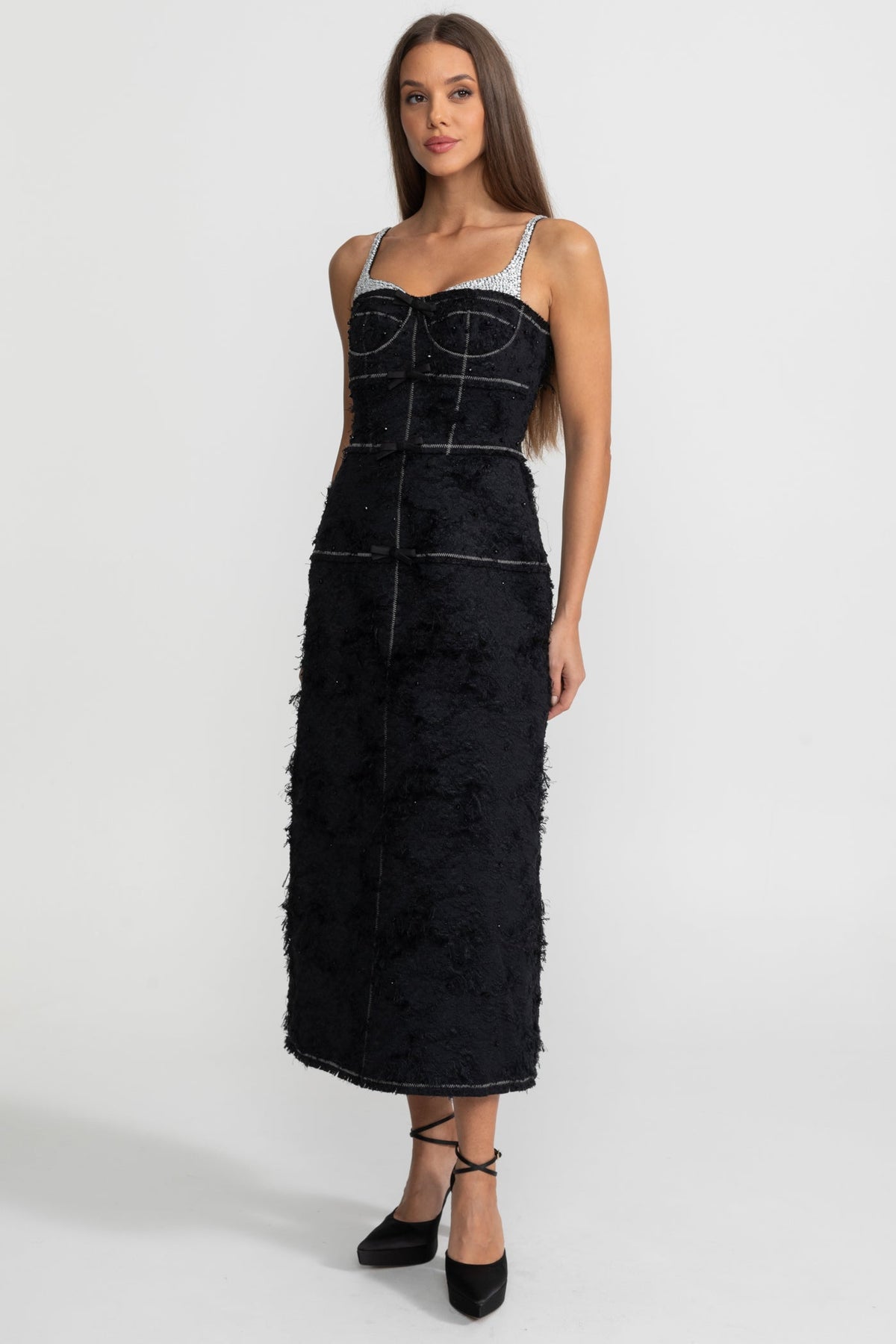Tweed Sweetheart Corset Bodice Contrast Stitch Beaded Midi Dress - View 4