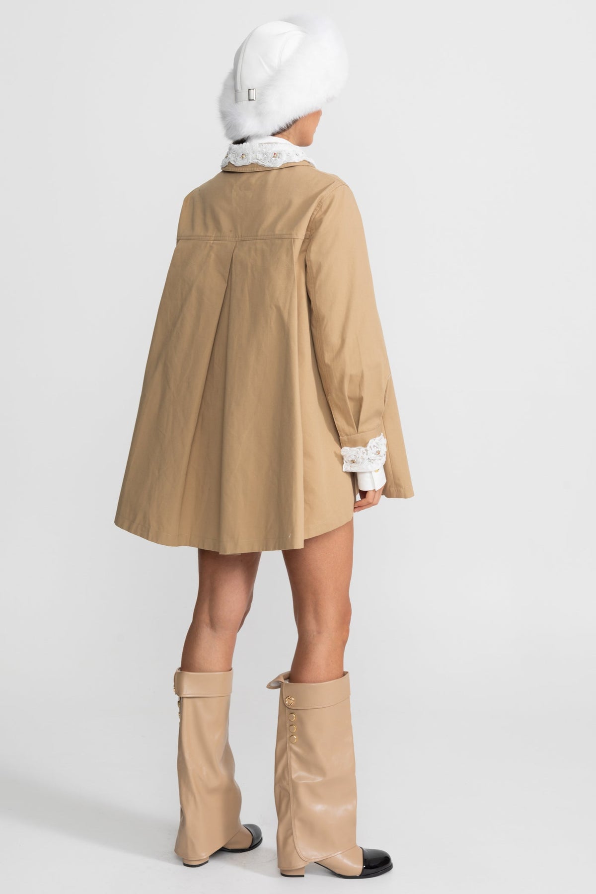 A-Line Trench Mini Dress With Embroidered Collar – Camel - View 8
