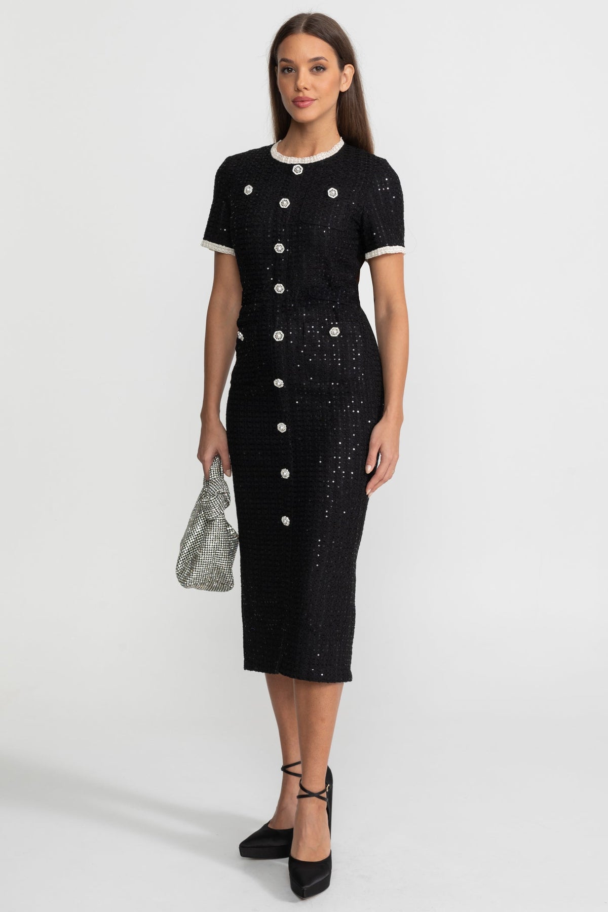 Sequin Midi Dress With Crystal Buttons and Lace Trim – Black - View 4