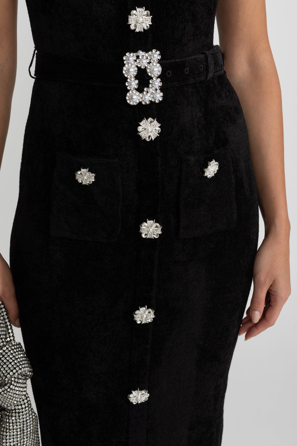 Elegant Midi Dress With Crystal Buttons and Lace Trim – Black - View 6