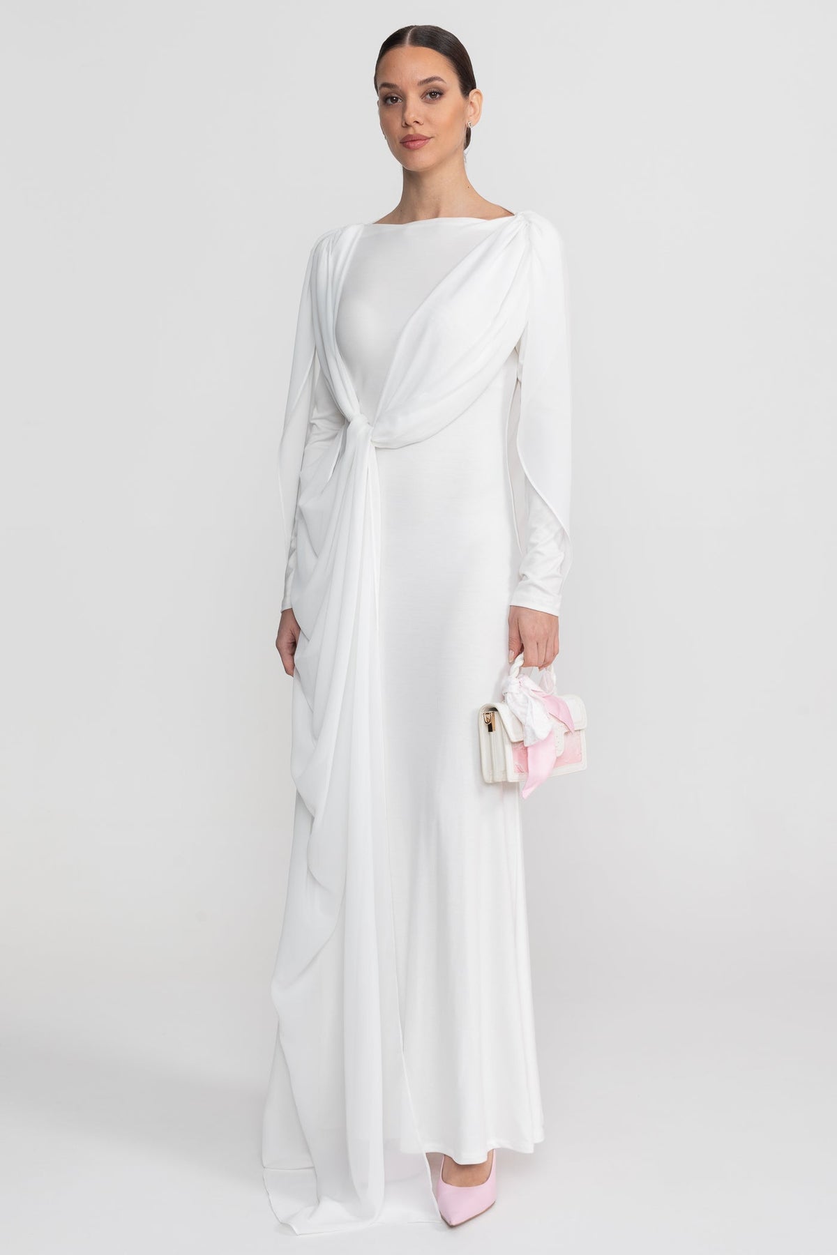 Draped Long Sleeve Maxi Dress - White - View 8