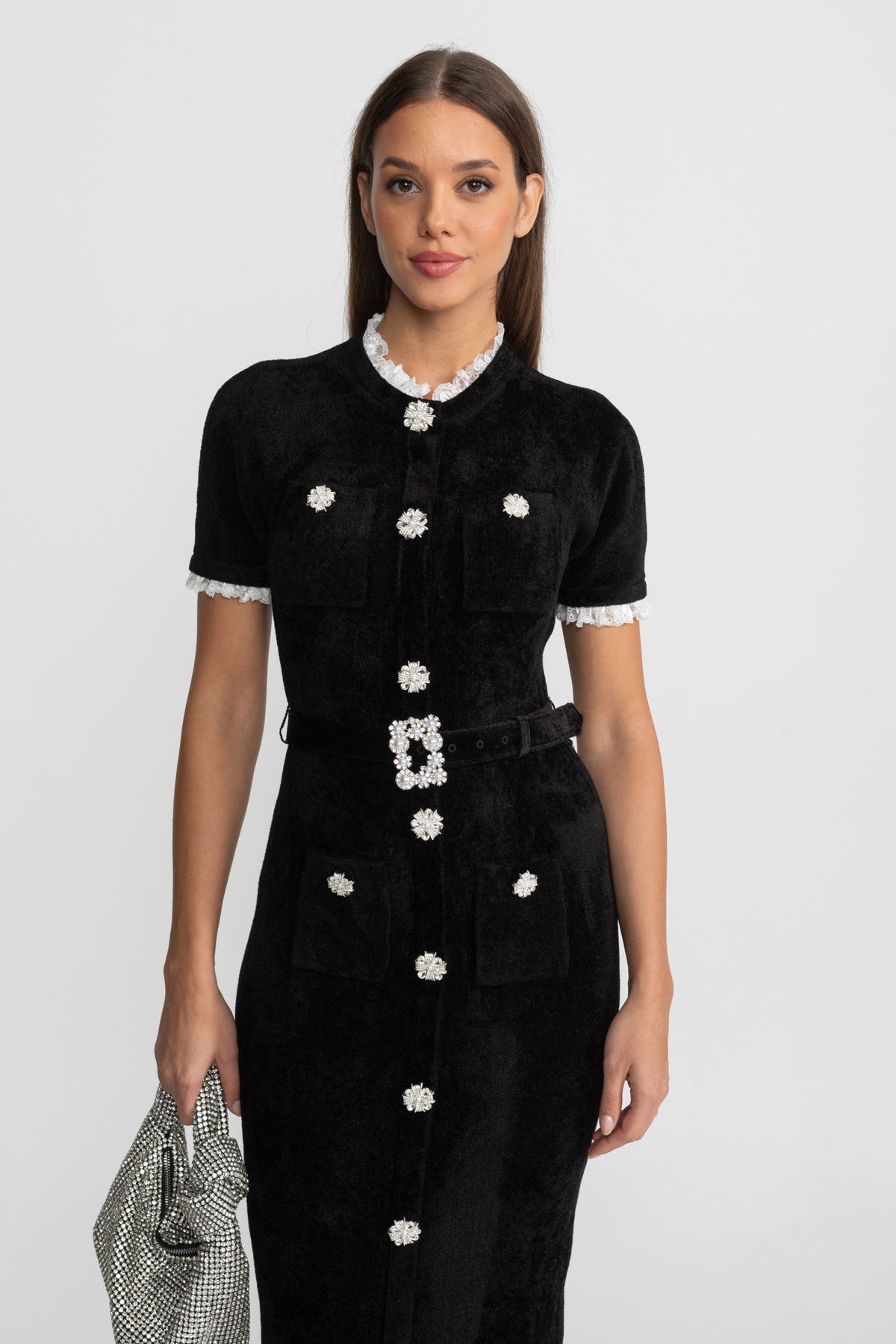 Elegant Midi Dress With Crystal Buttons and Lace Trim – Black - View 5
