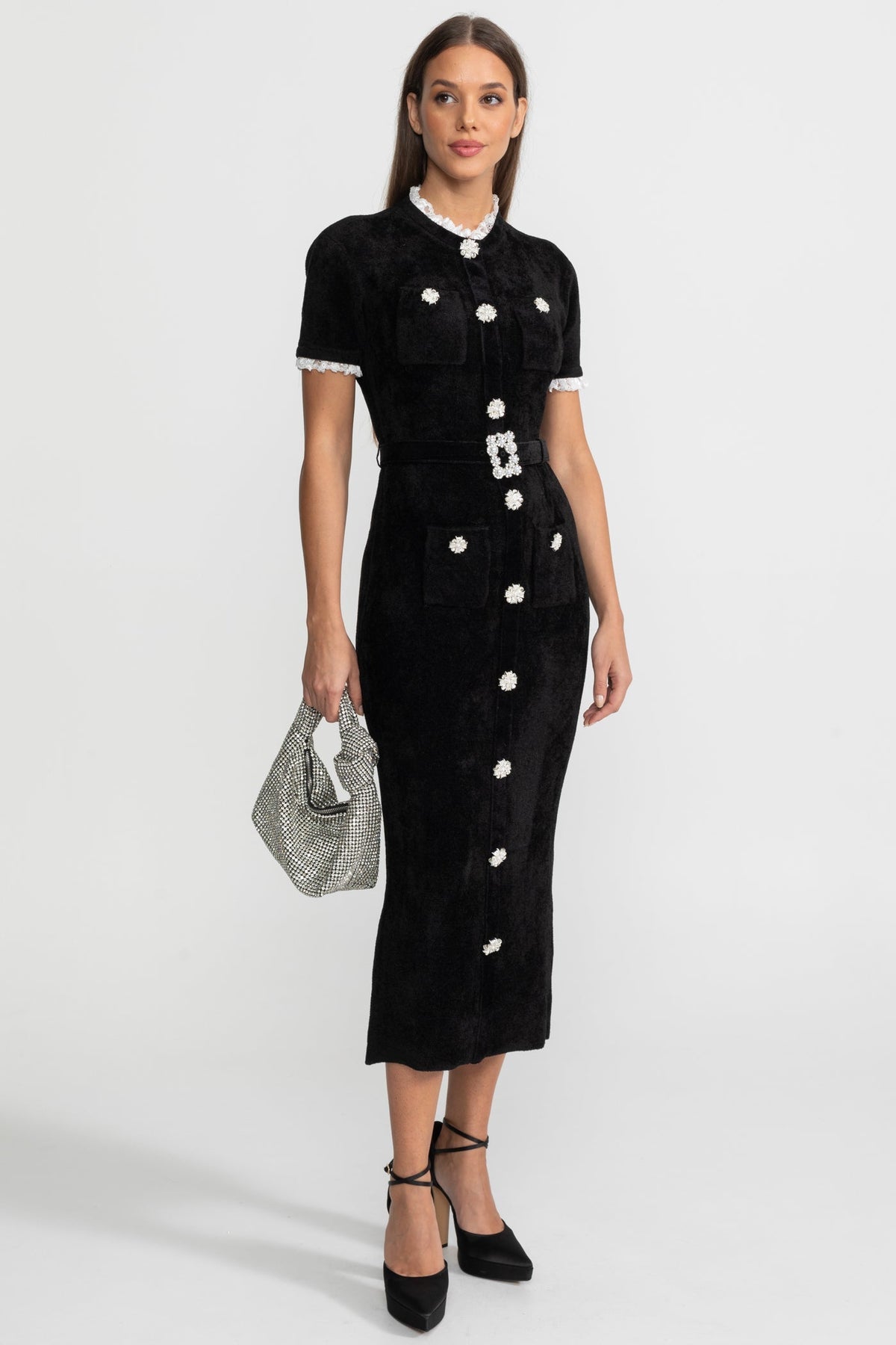 Elegant Midi Dress With Crystal Buttons and Lace Trim – Black - View 2