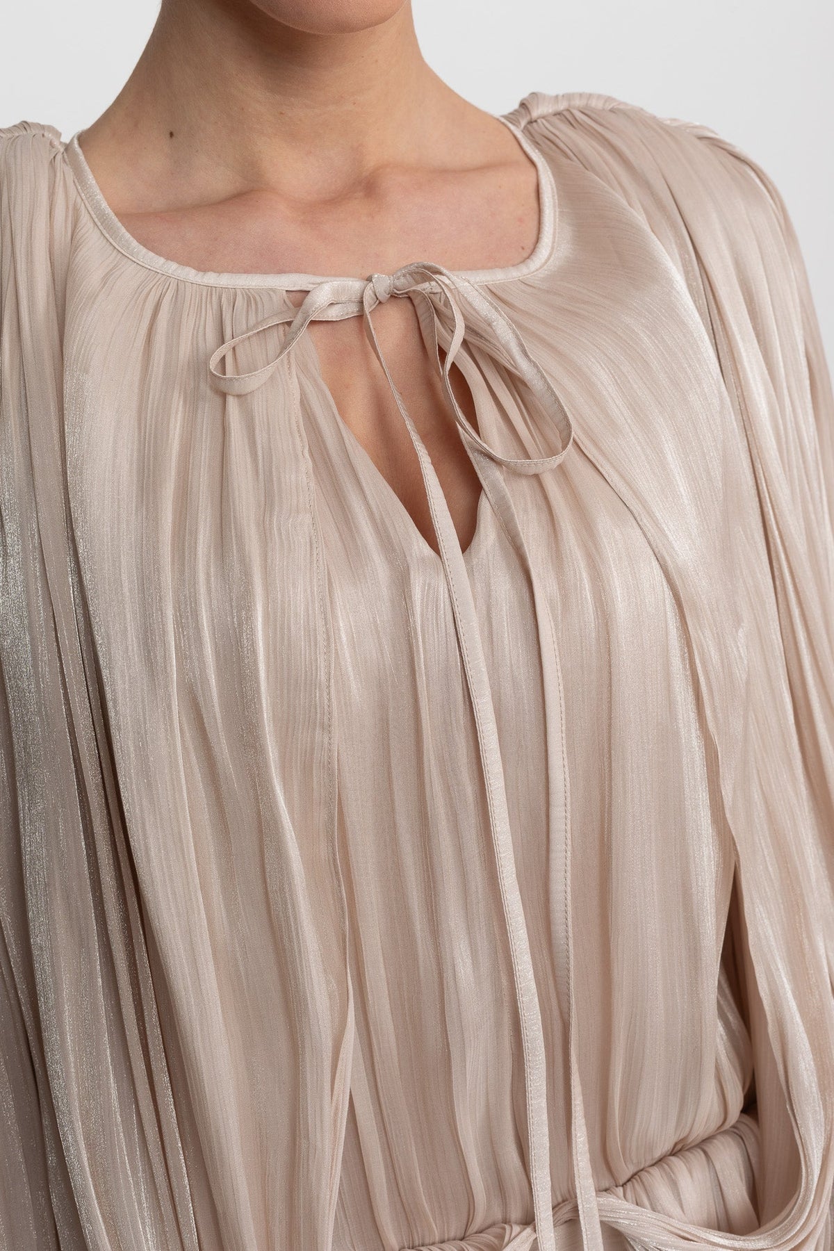 Draped Long Sleeve Mini Dress With Batwing Sleeves - Champagne - View 5