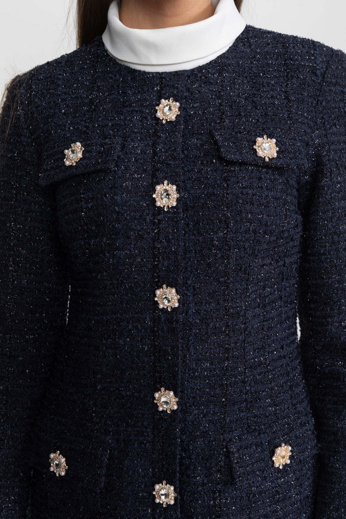 Tweed Long Sleeve Rhinestone Flower Button Flap Shift Mini Dress - View 5