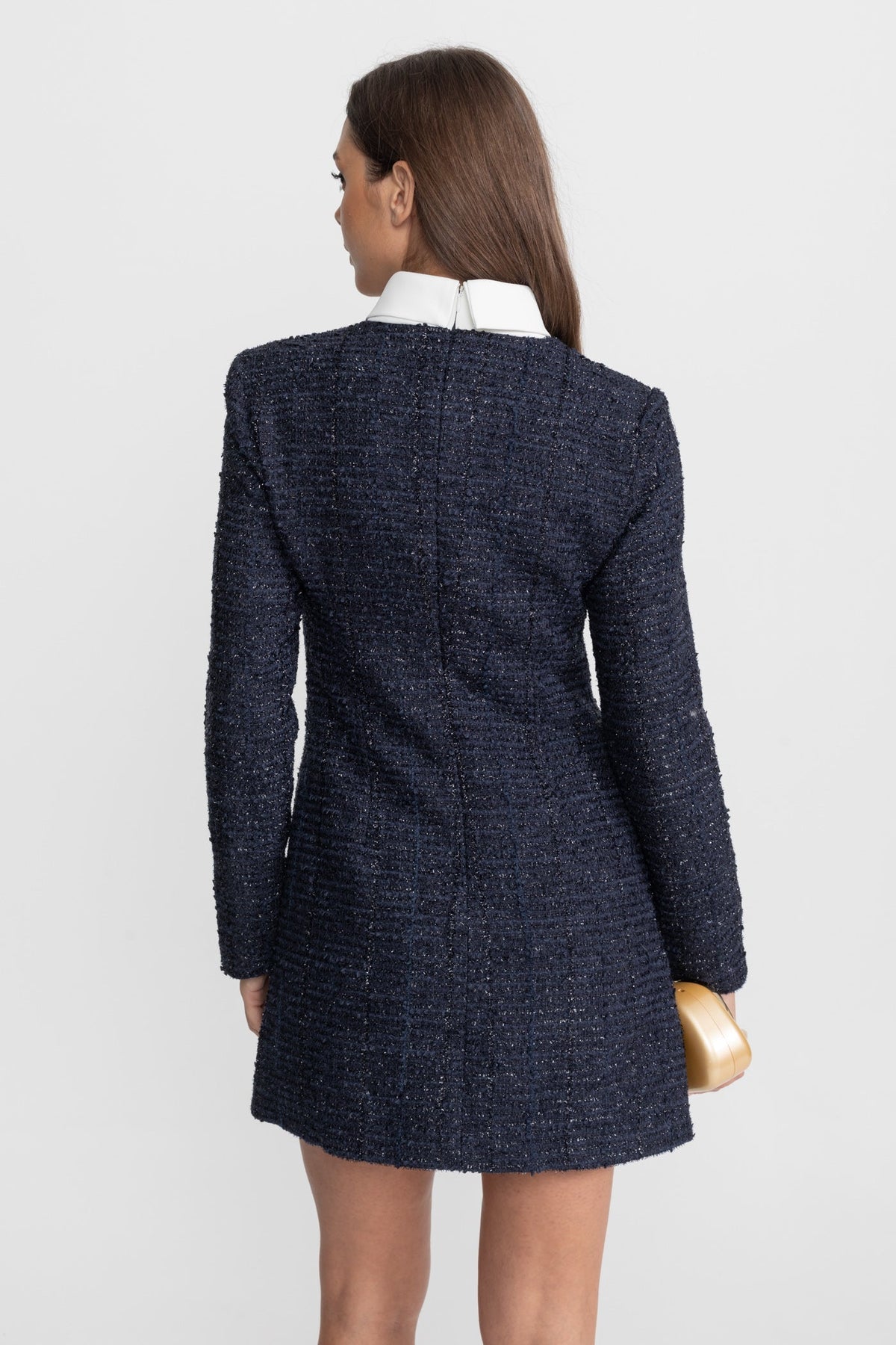 Tweed Long Sleeve Rhinestone Flower Button Flap Shift Mini Dress - View 8