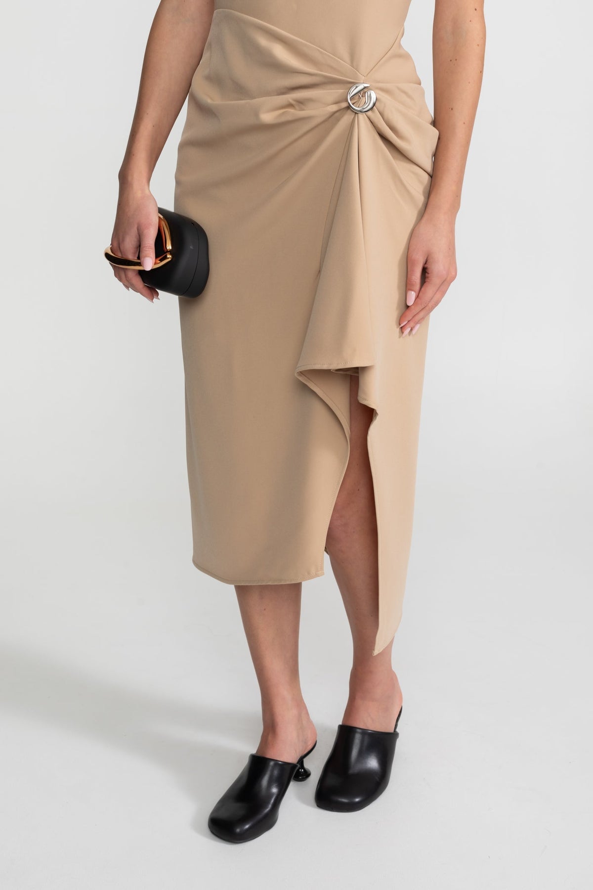 Draped Halter Midi Dress With Asymmetric Drape Detail – Nude - View 4