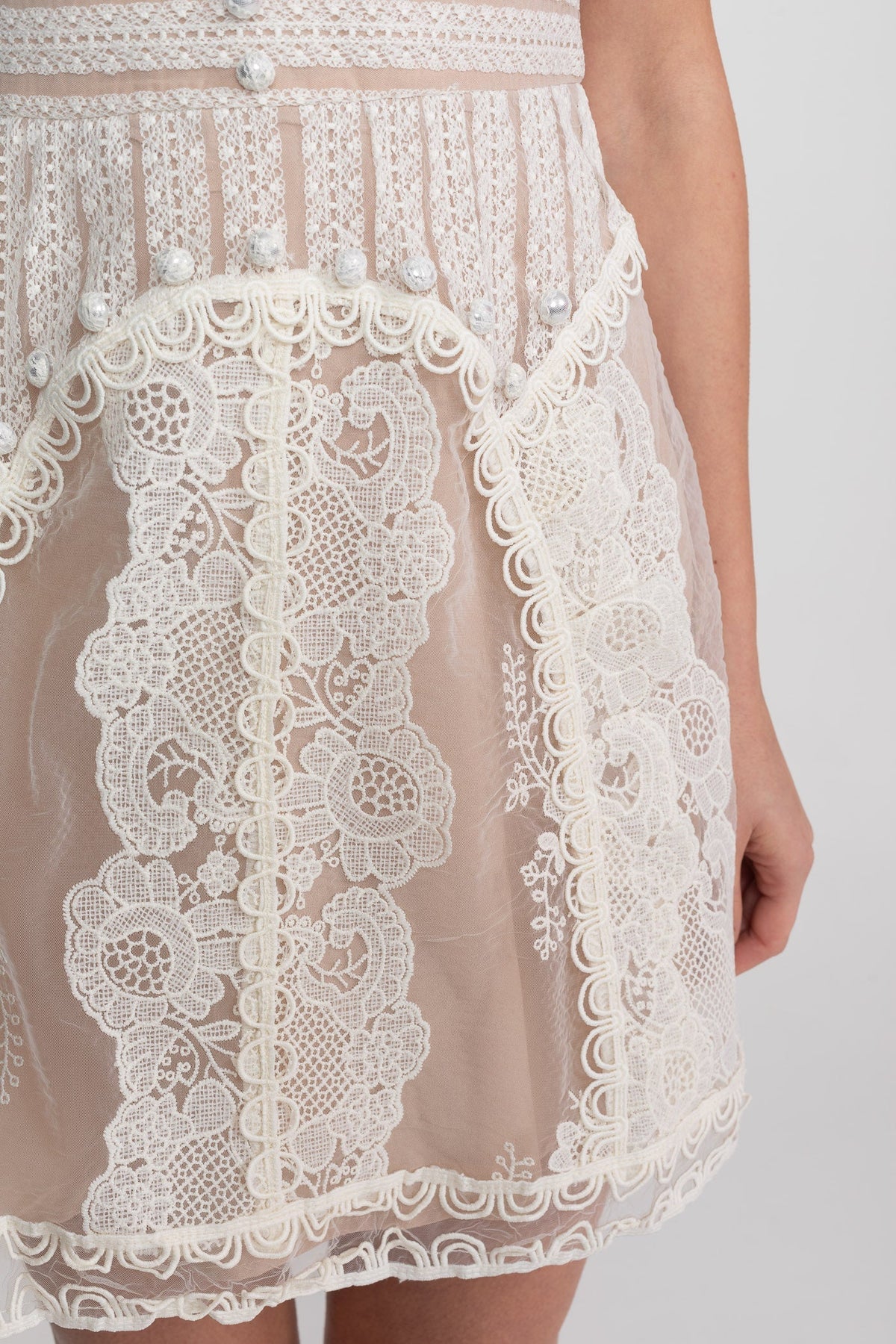 Lace Sheer Mesh Yoke Cap Sleeve Pearl Button A-Line Mini Dress - View 6