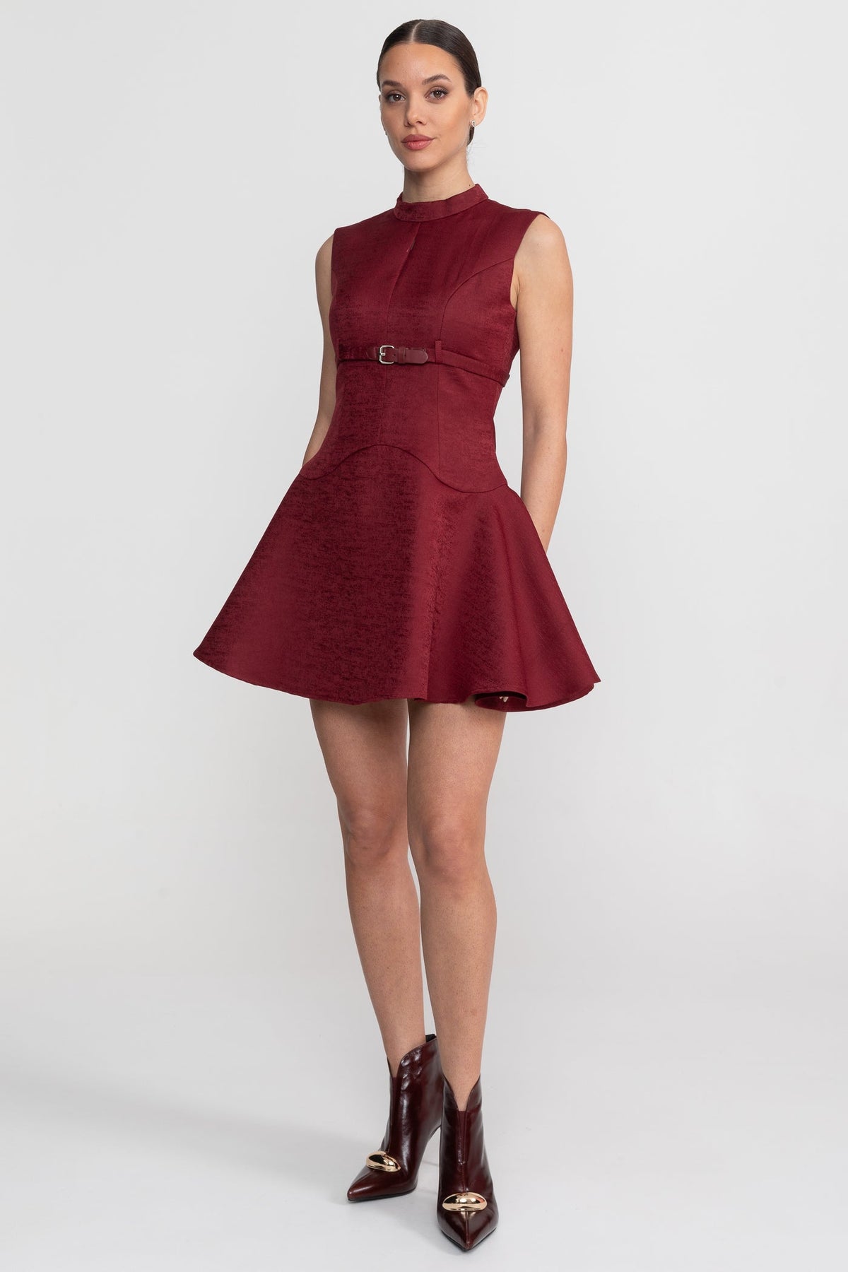 Structured Sleeveless Mock Neck Keyhole Belted A-Line Mini Dress - View 7
