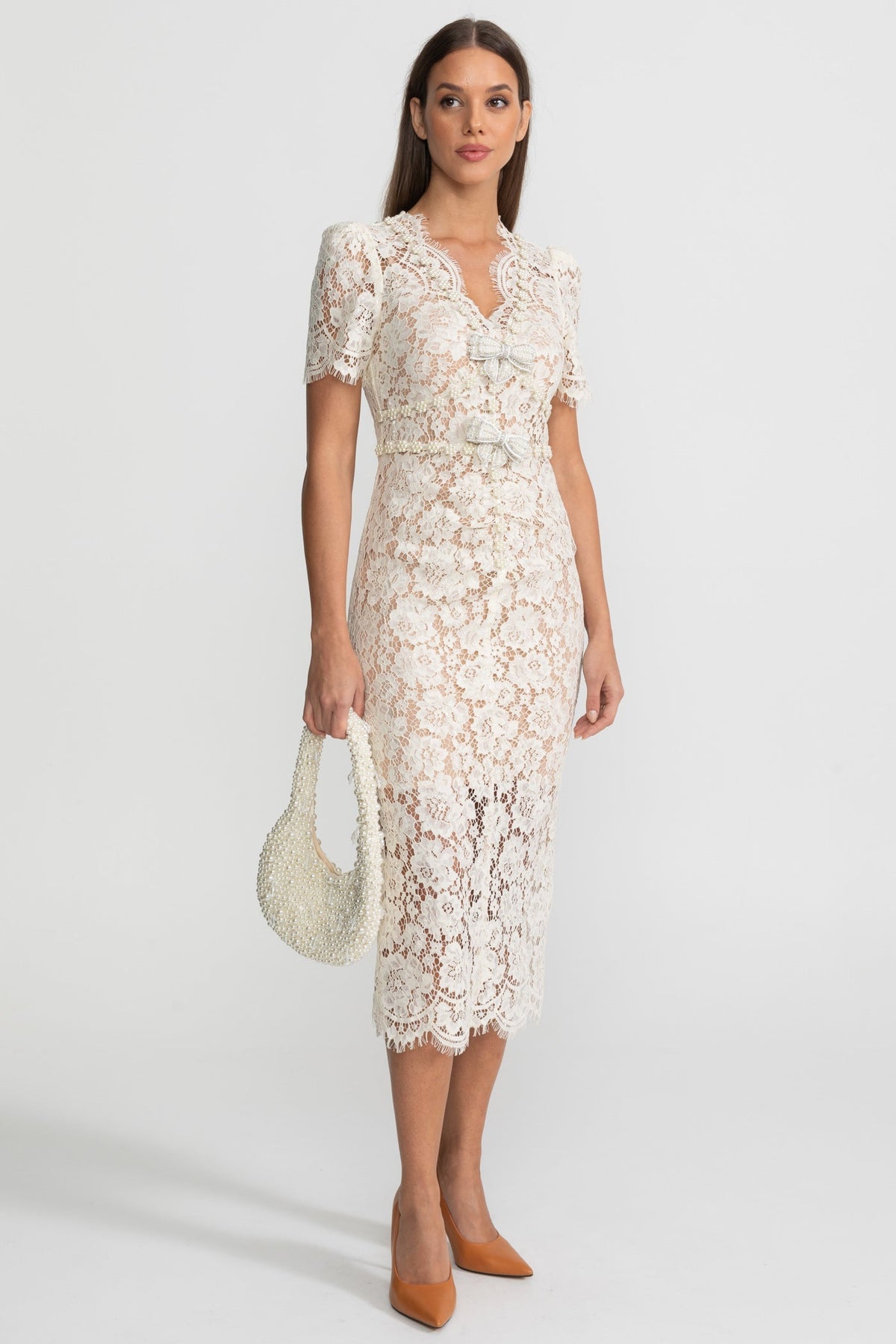 Embellished Lace Midi Dress With Bow Detailing – Ivoire - View 4