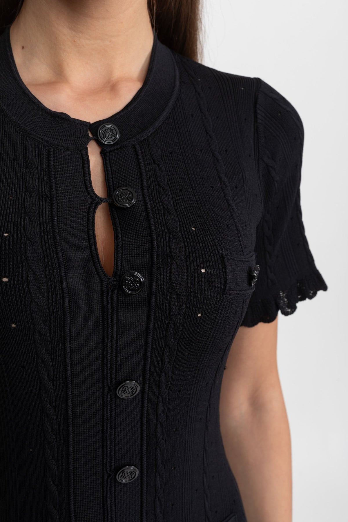 Knit Button-Front Midi Dress with Scalloped Sleeves – Black - View 7