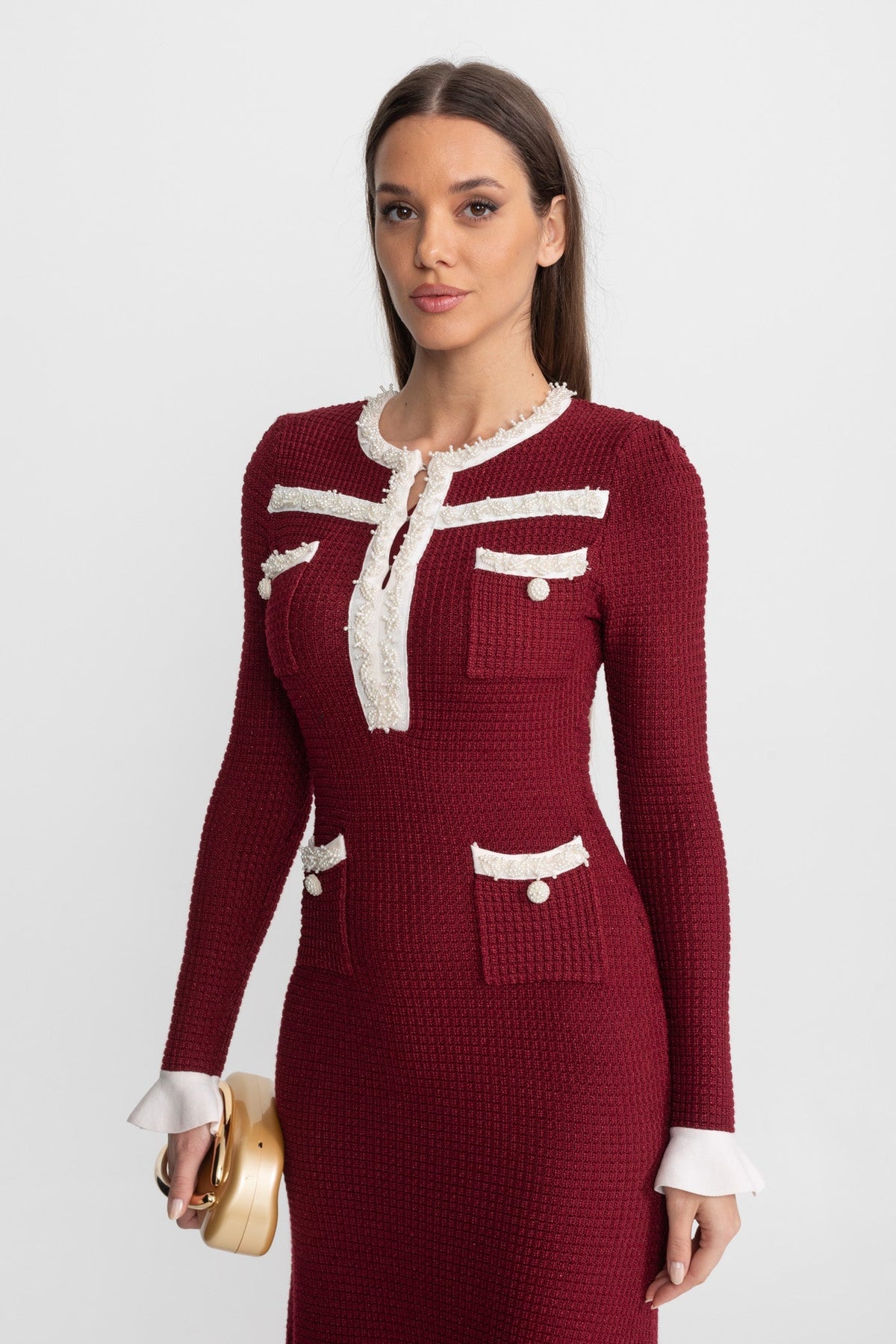 Knit Contrast Trim Ruffle Cuff Patch Pocket Long Sleeve Midi Dress - View 5
