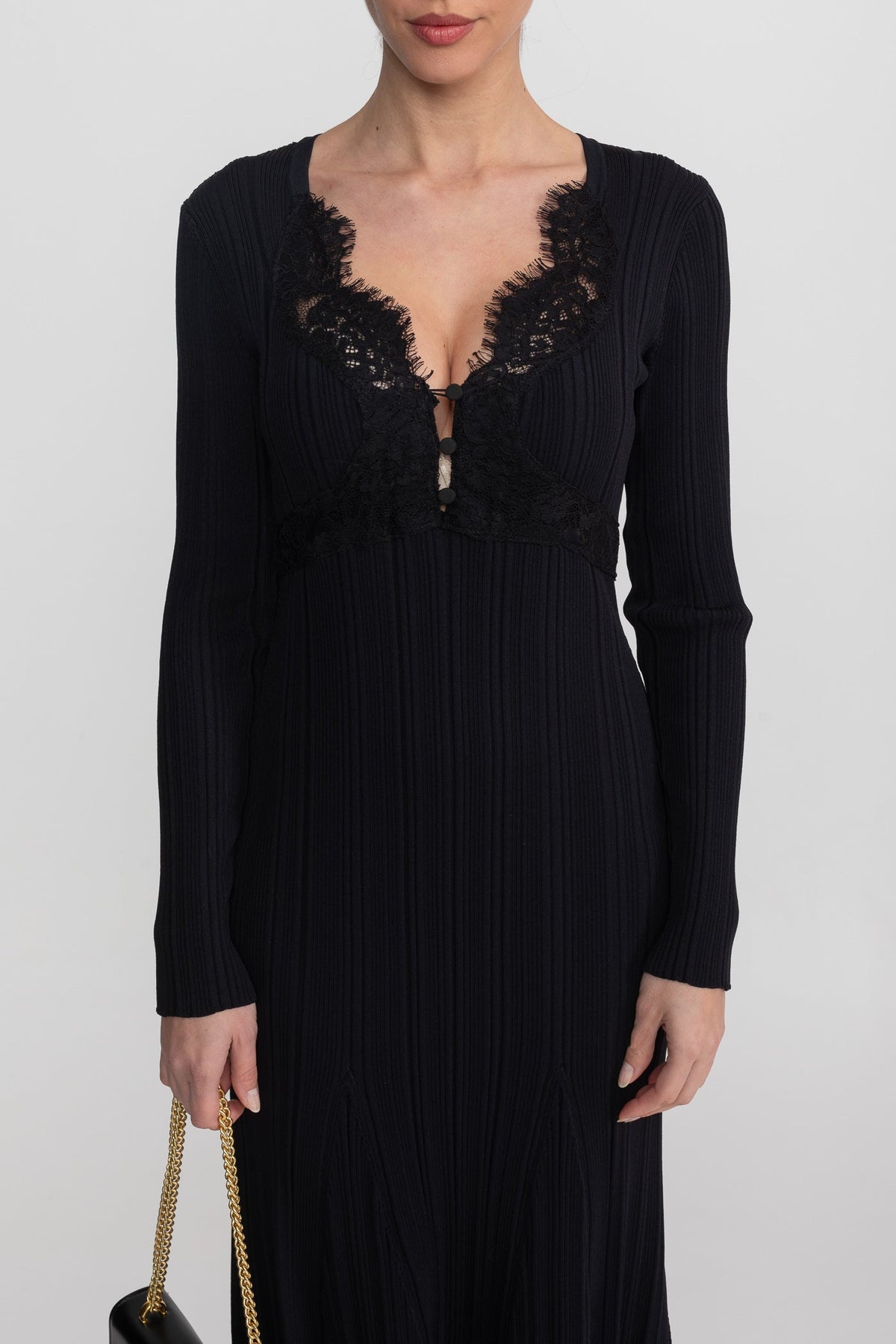 Ribbed Long Sleeve Midi Dress With Lace-Trim V-Neckline - Black - View 4