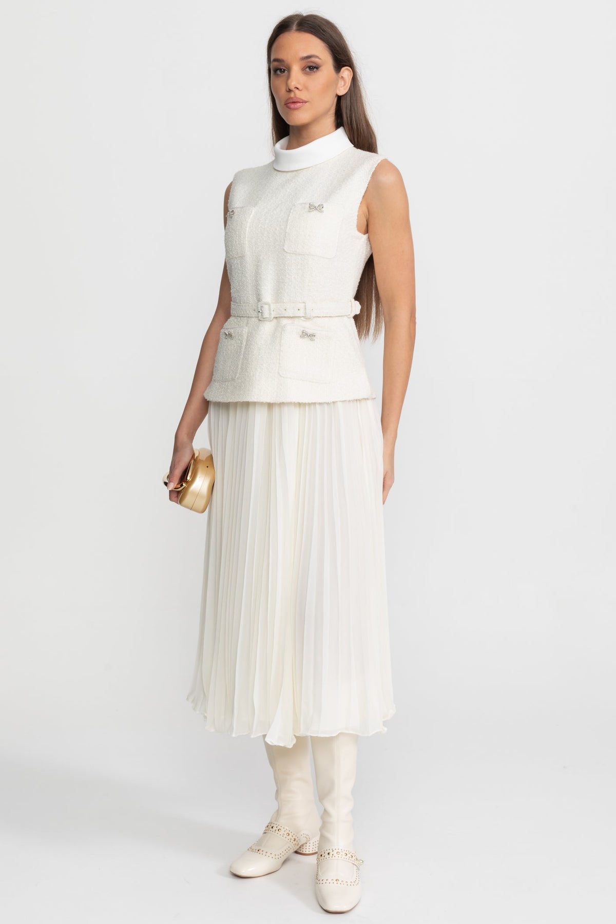 Sleeveless Textured Midi Dress with Pleated Chiffon Skirt – Ivoire - View 2