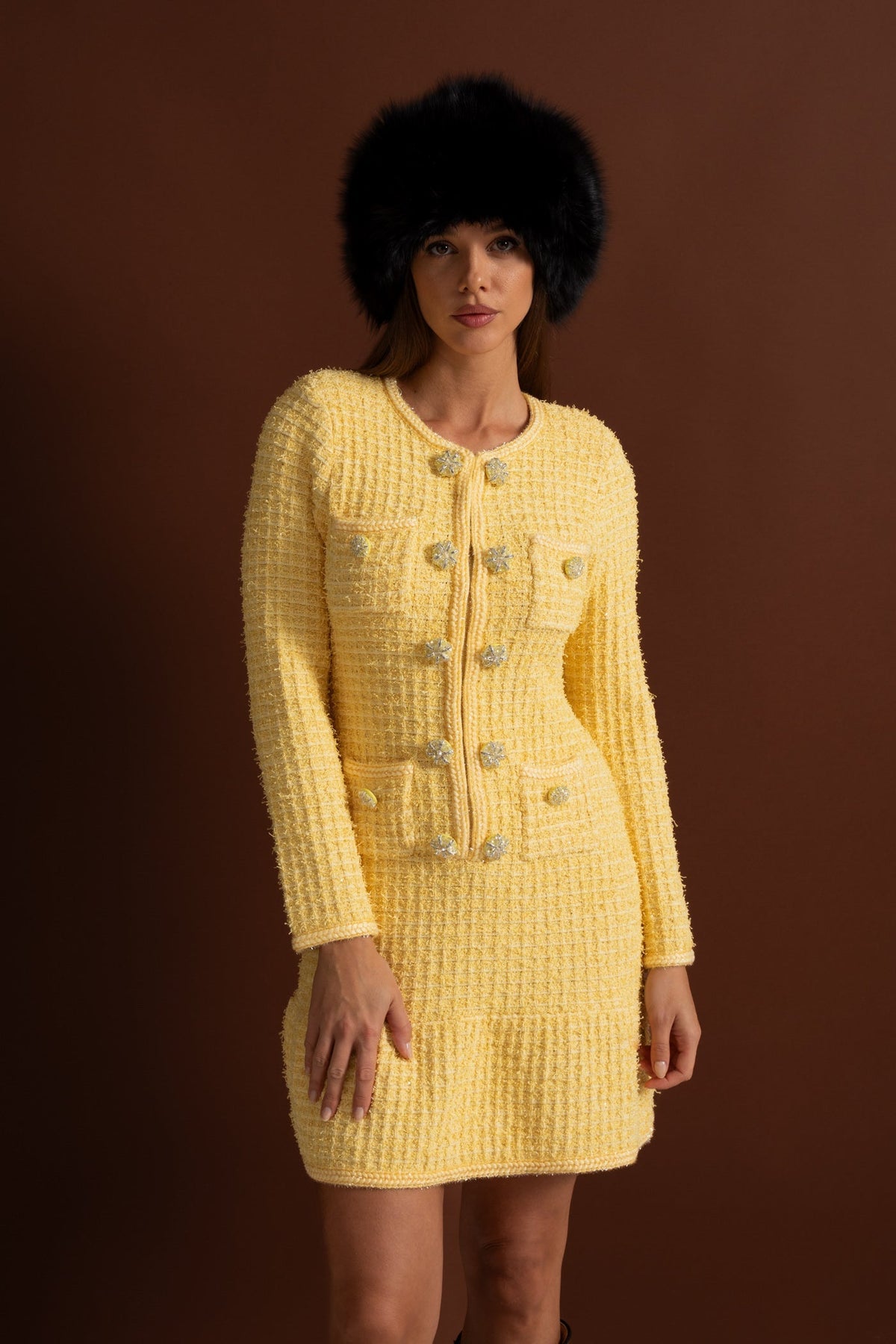 Long Sleeve Crystal Button Four Pocket Tweed Texture Mini Dress - View 7