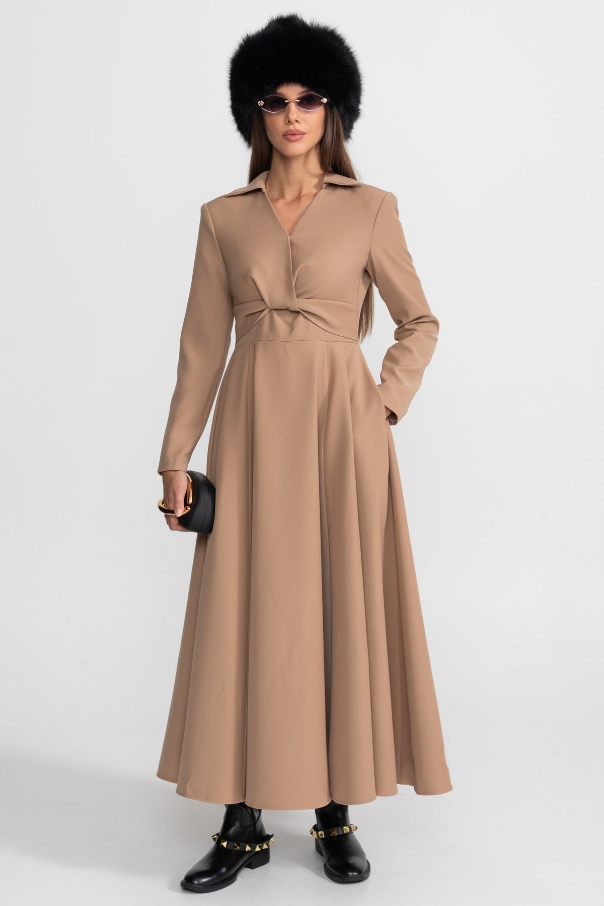 Long Sleeve Deep V Collar Twisted Knotted Waist A-Line Maxi Dress