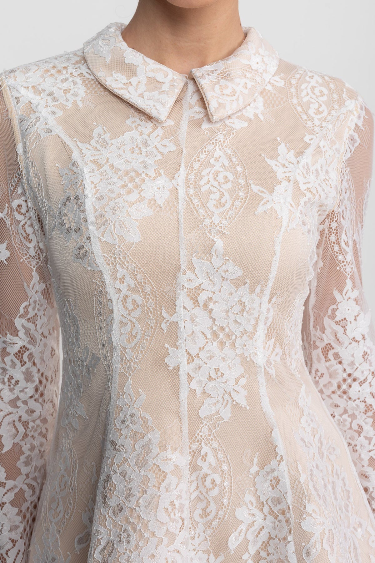 Long Sleeve Lace Mini Dress - Ivoire - View 6