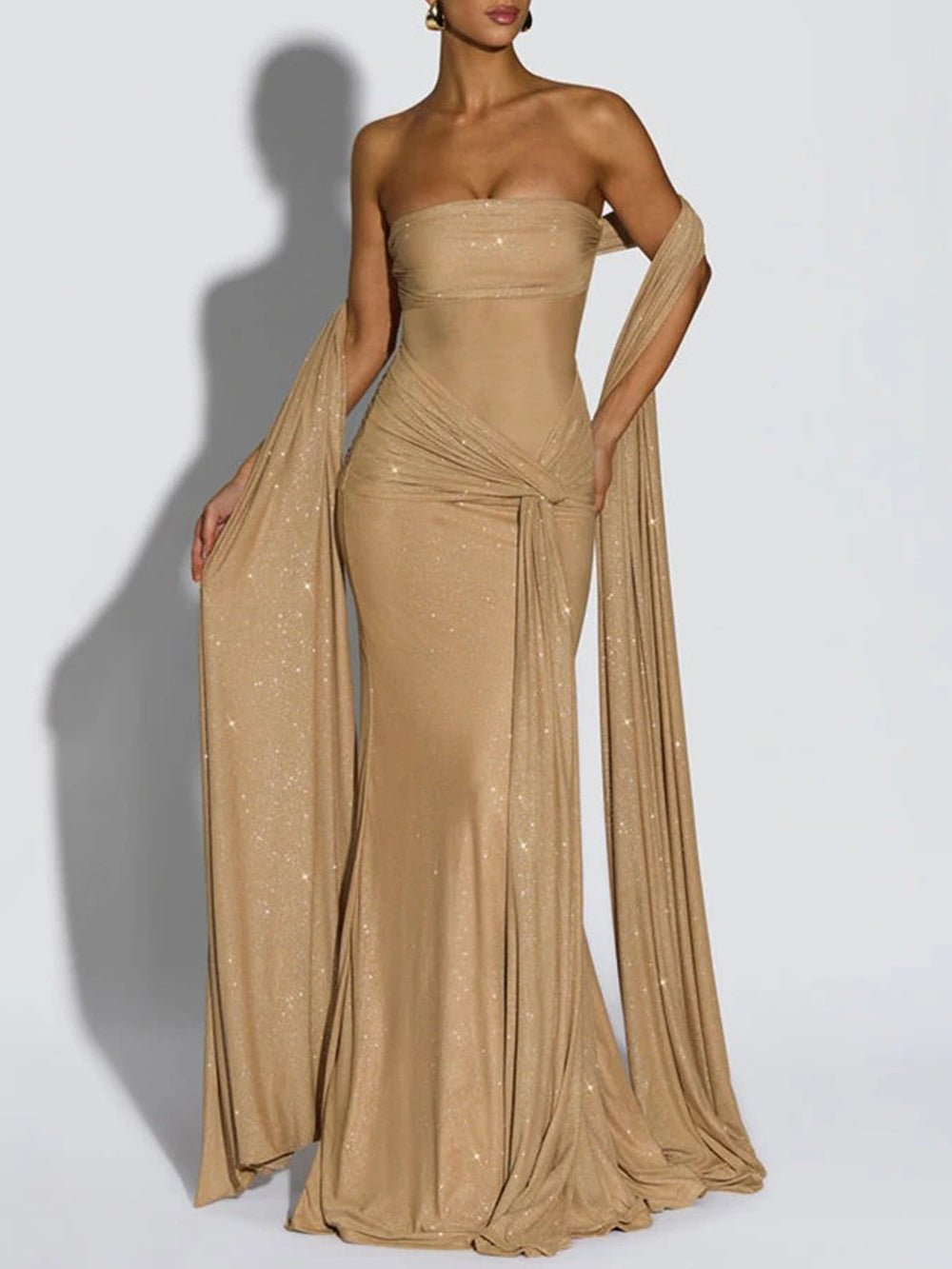Sequin Strapless Ruched Knotted Waist Draped Cape Maxi Gown
