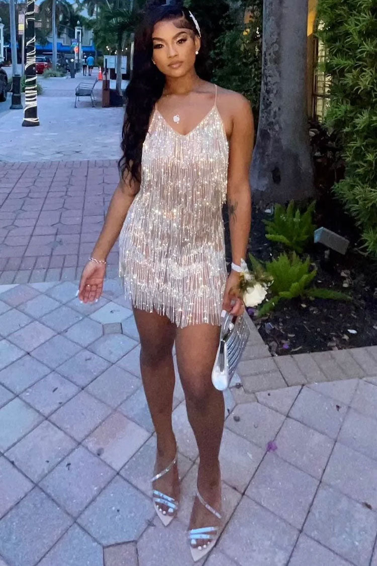 Backless Deep V Rhinestone Fringe Sheer Party Mini Dress - Silver - View 4