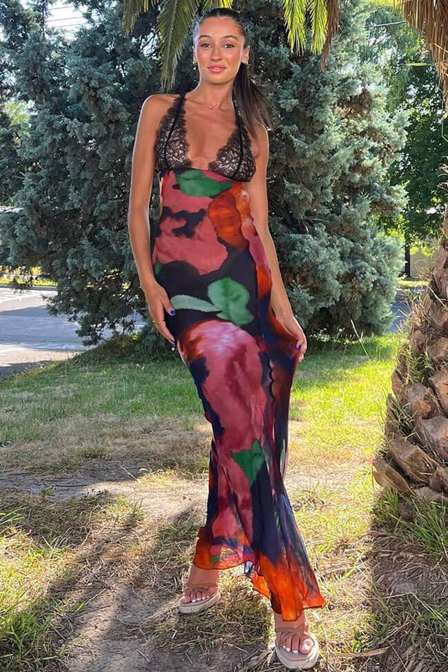 Deep V Printed Lace Chiffon Fishtail Slip Maxi Dress - Multicolor - View 2