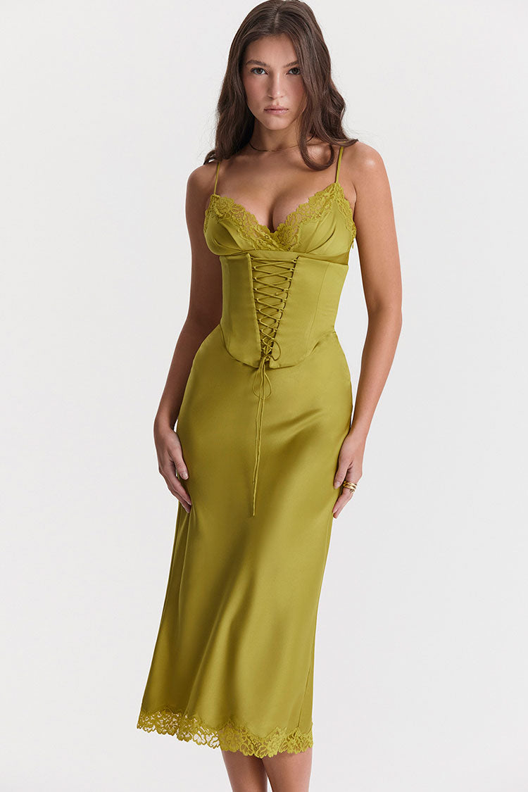 Satin Lace Trim Spaghetti Strap Lace Up Corset Slip Midi Dress
