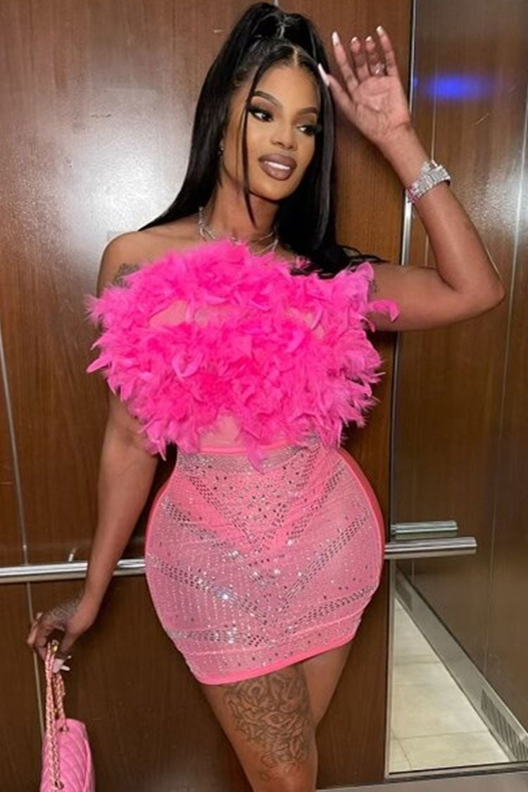 Rhinestone Sheer Mesh Panel Feather Party Mini Dress - Hot Pink - View 2