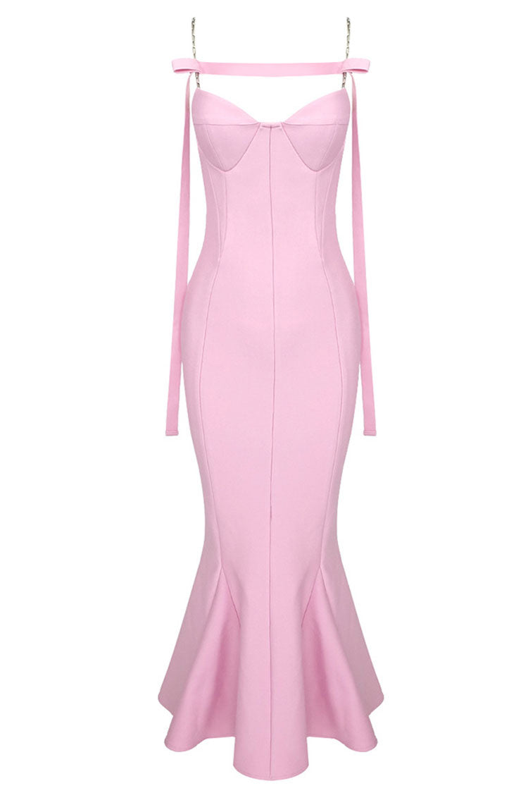 Sweetheart Chain Strap Bandage Cocktail Party Midi Dress - Pink - View 5