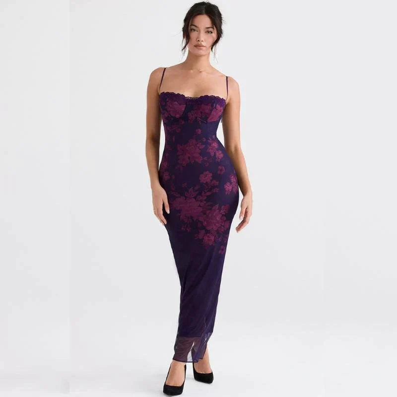 Floral Spaghetti Strap Lace Trim Bodycon Maxi Dress - View 2