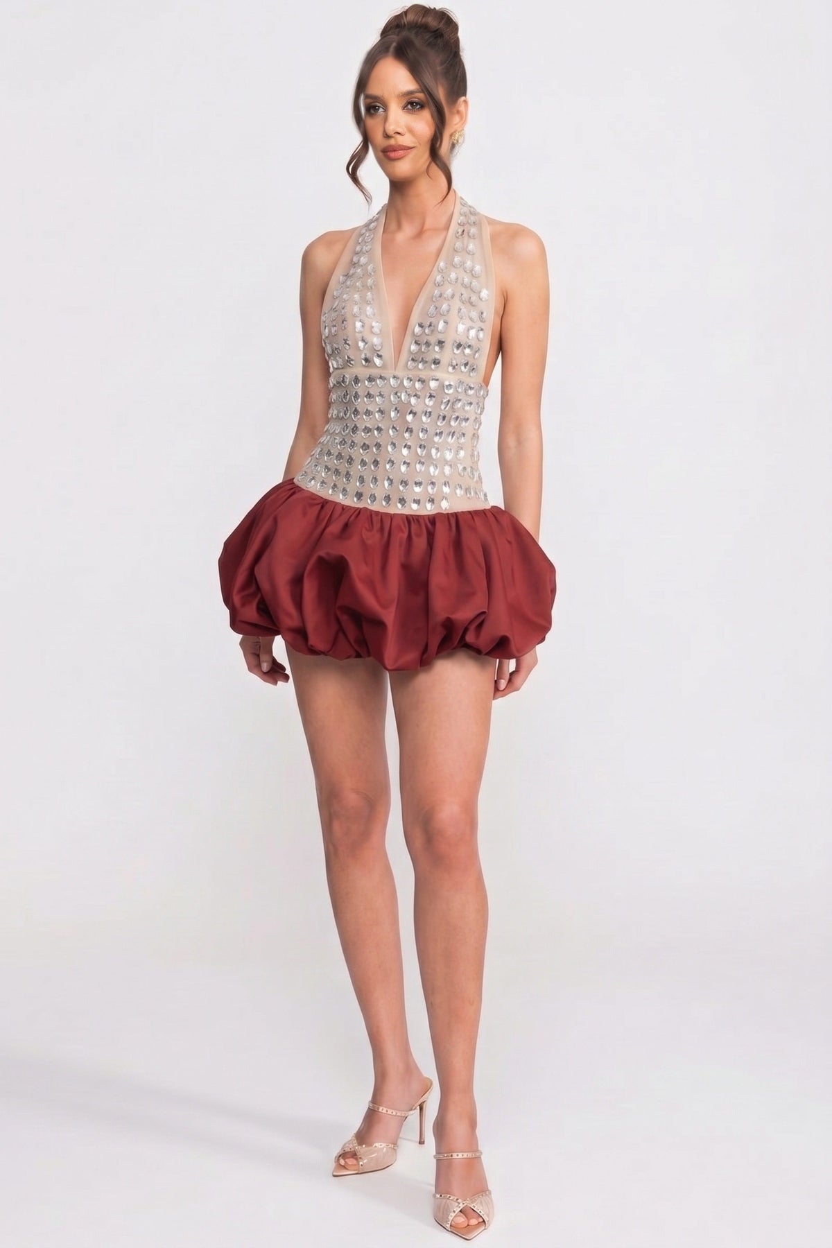 Crystal-Embellished Halter Mini Dress With Bubble Skirt - Red - View 5