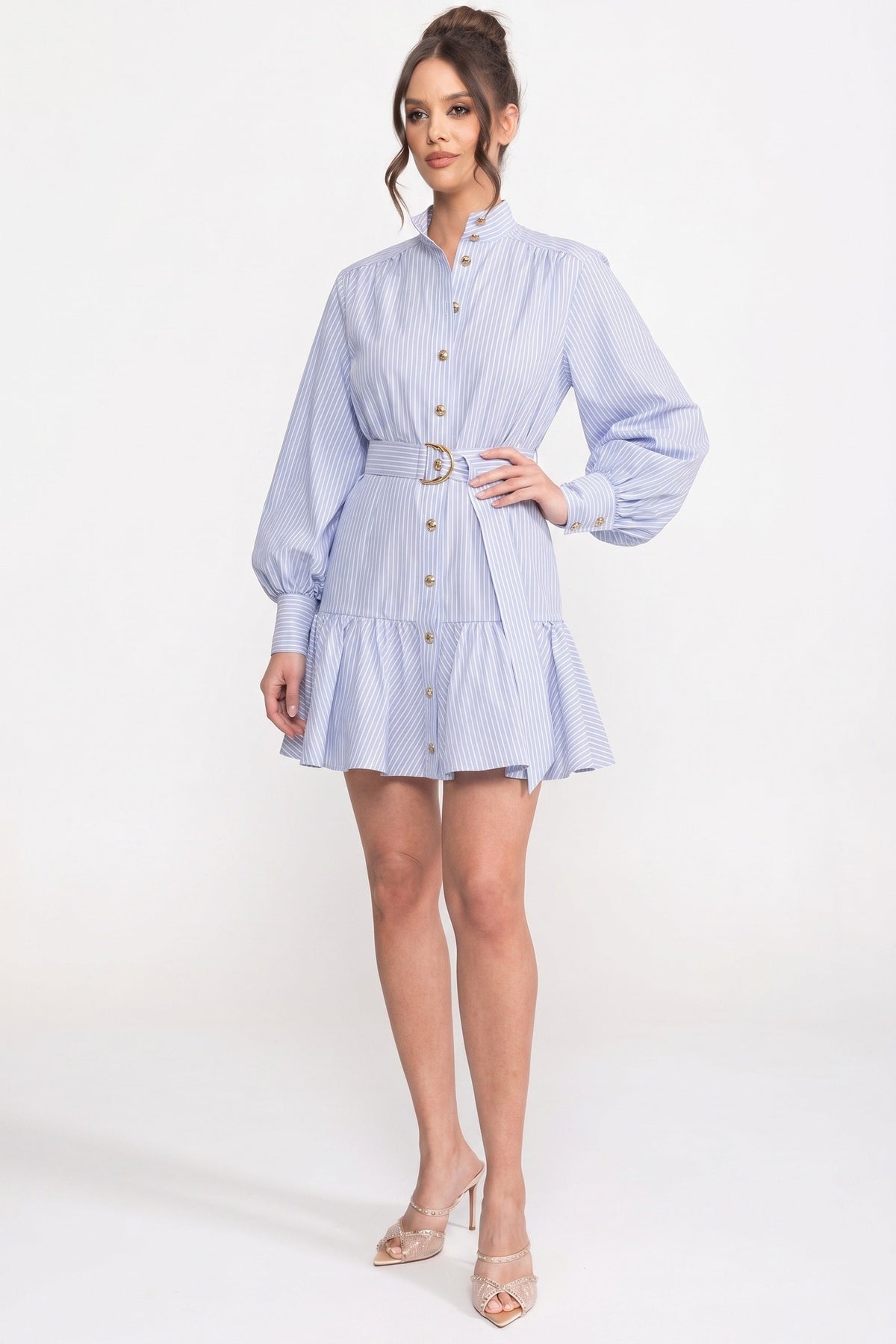 Striped High Neck Balloon Sleeve Belted Tiered Ruffle Mini Dress - View 4