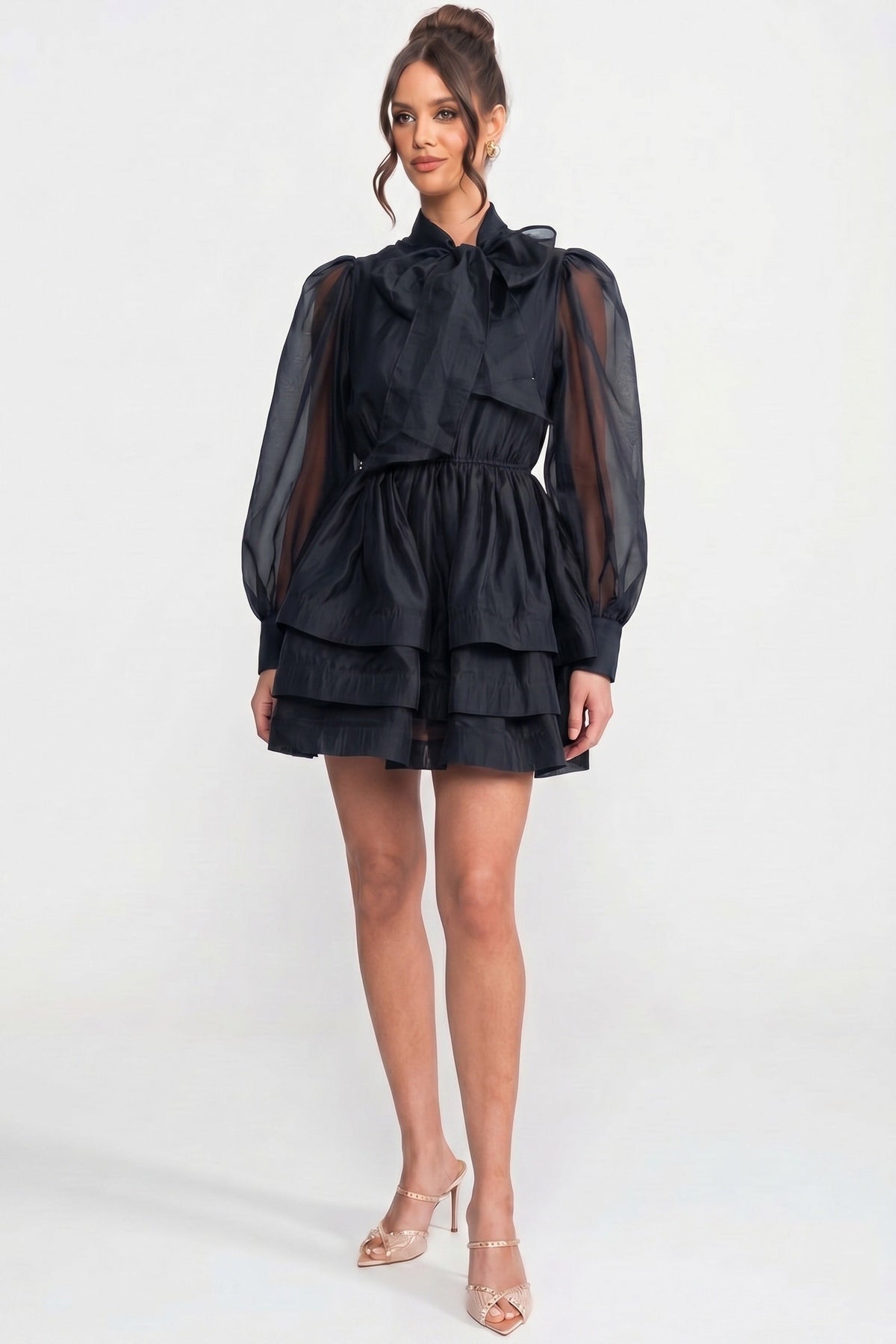 High-Neck Puff-Sleeve Mini Dress - Black - View 5