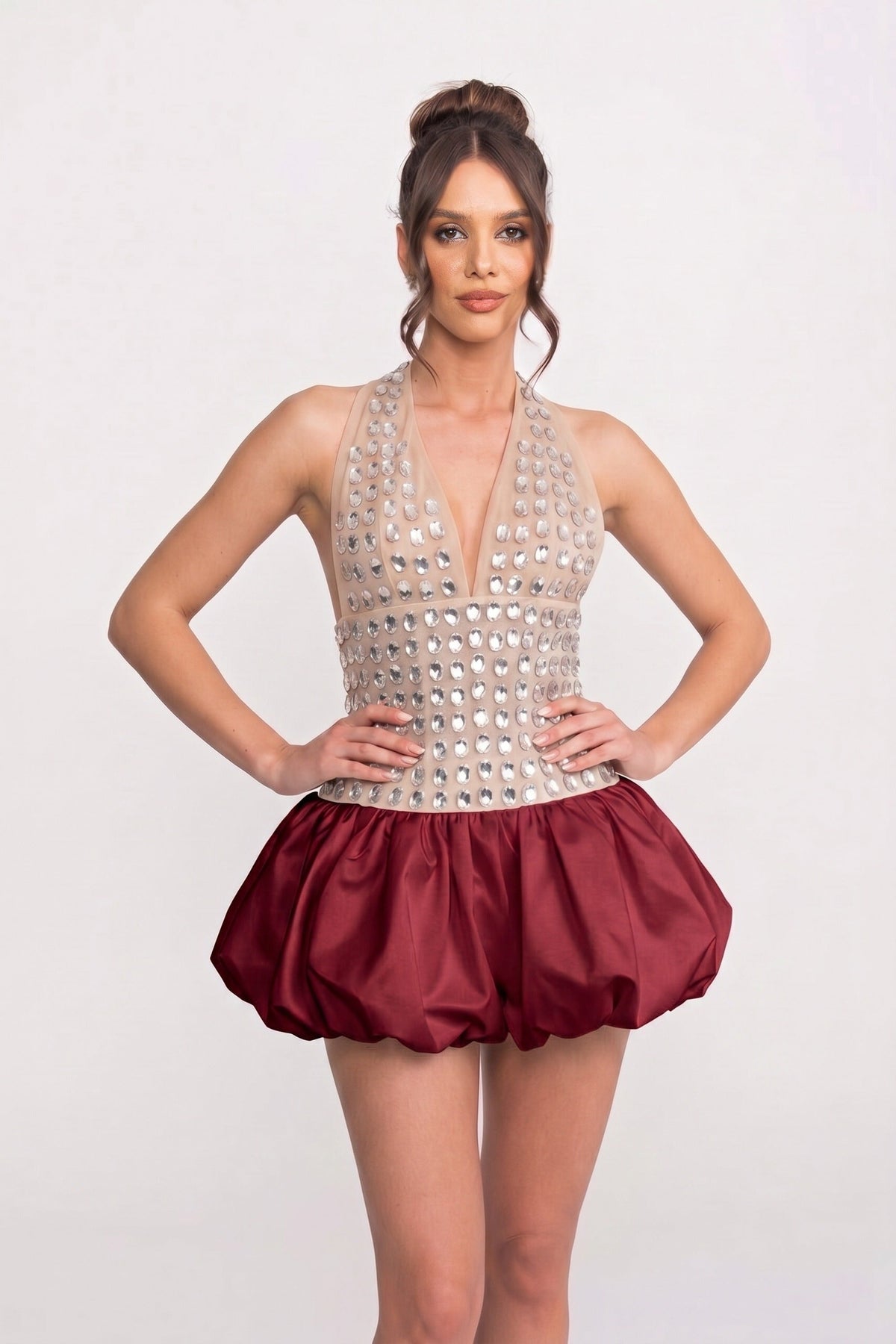 Crystal-Embellished Halter Mini Dress With Bubble Skirt - Red - View 3